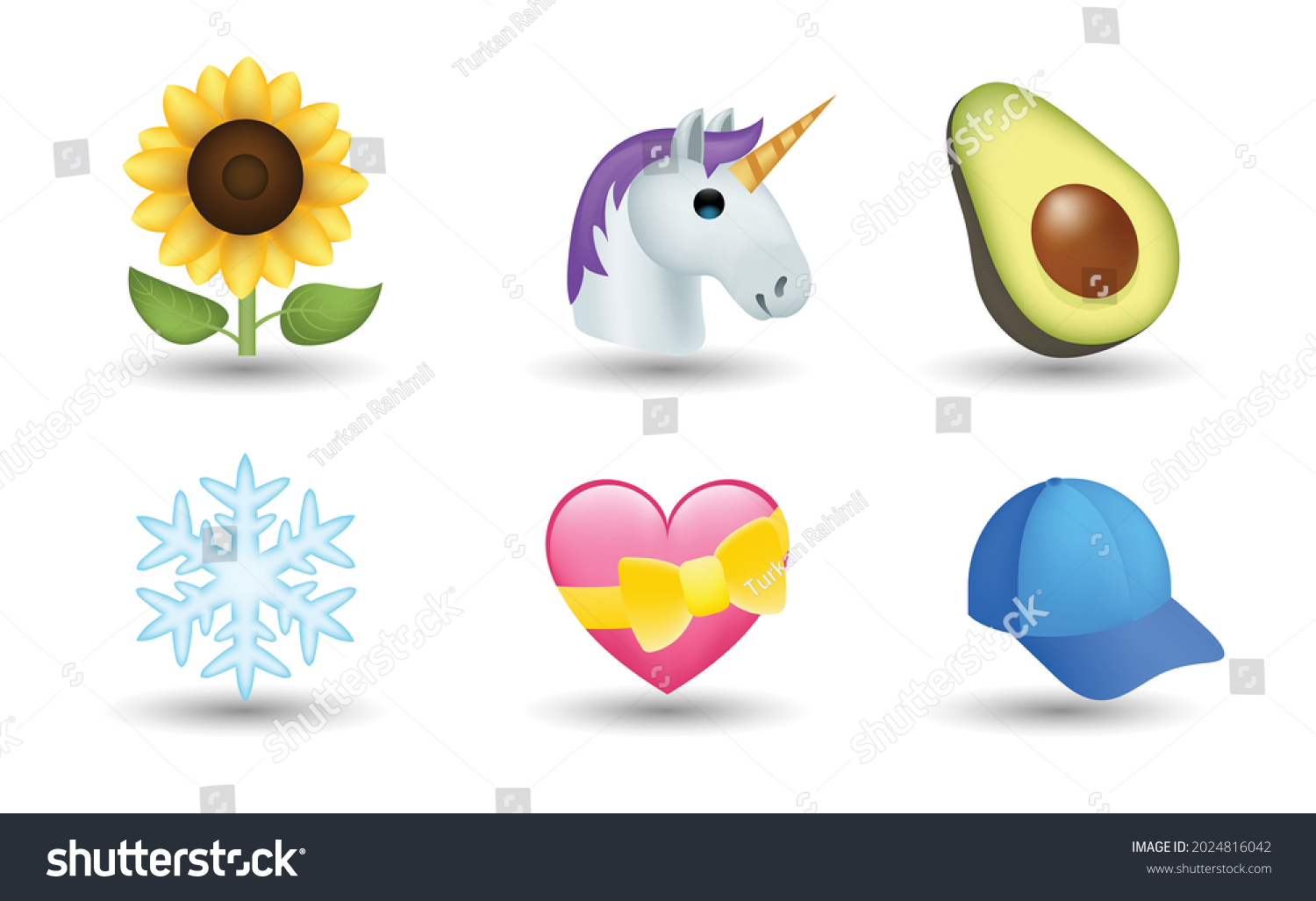 SVG of 6 Emoticon isolated on White Background. Isolated Vector Illustration. Sunflower, unicorn, avocado, snowflake, pink heart with yellow ribbon, summer hat vector emoji Illustration. 3d Illustration.  svg