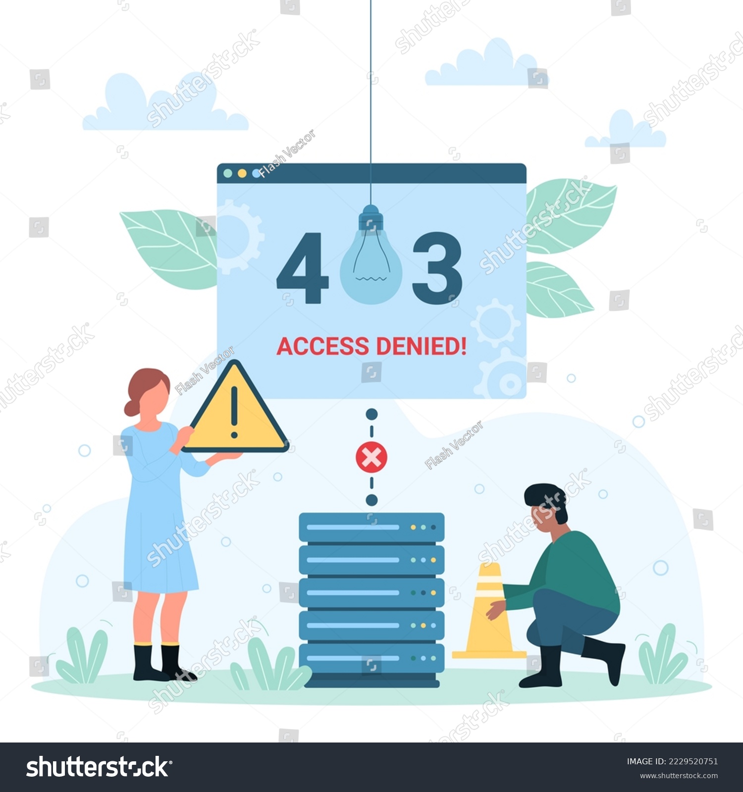 SVG of 403 error, access denied vector illustration. Cartoon tiny people holding warning problem message and traffic cone of construction site, connection disconnect and network denial to load web page svg