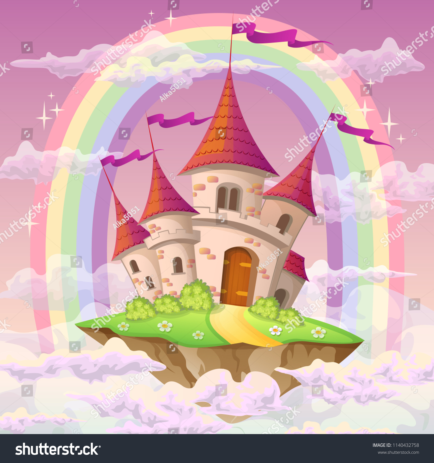 SVG of 
Fantasy flying island with fairy tale castle and rainbow in clouds svg
