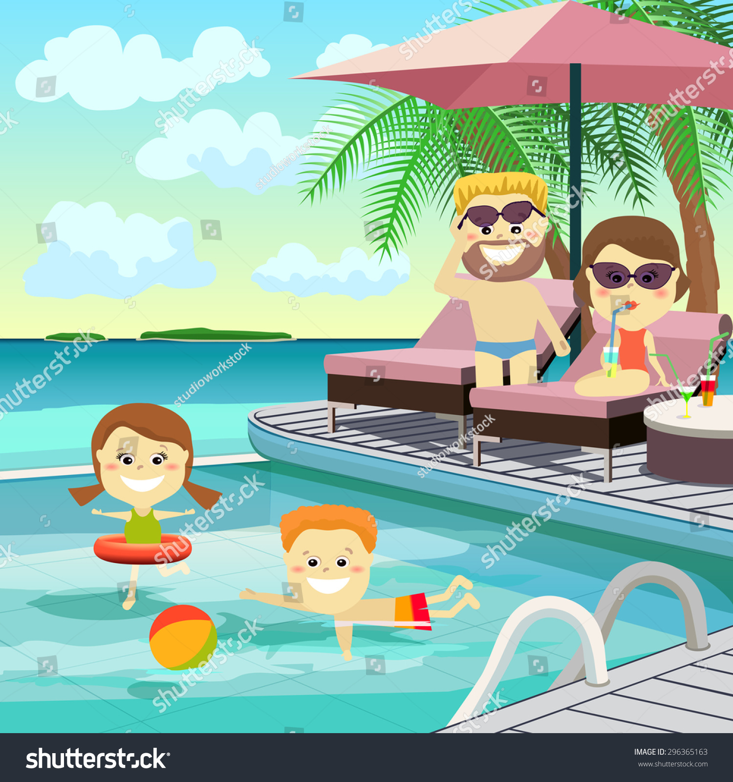 Father Mother Two Children On Swimming Stock Vector 296365163 ...