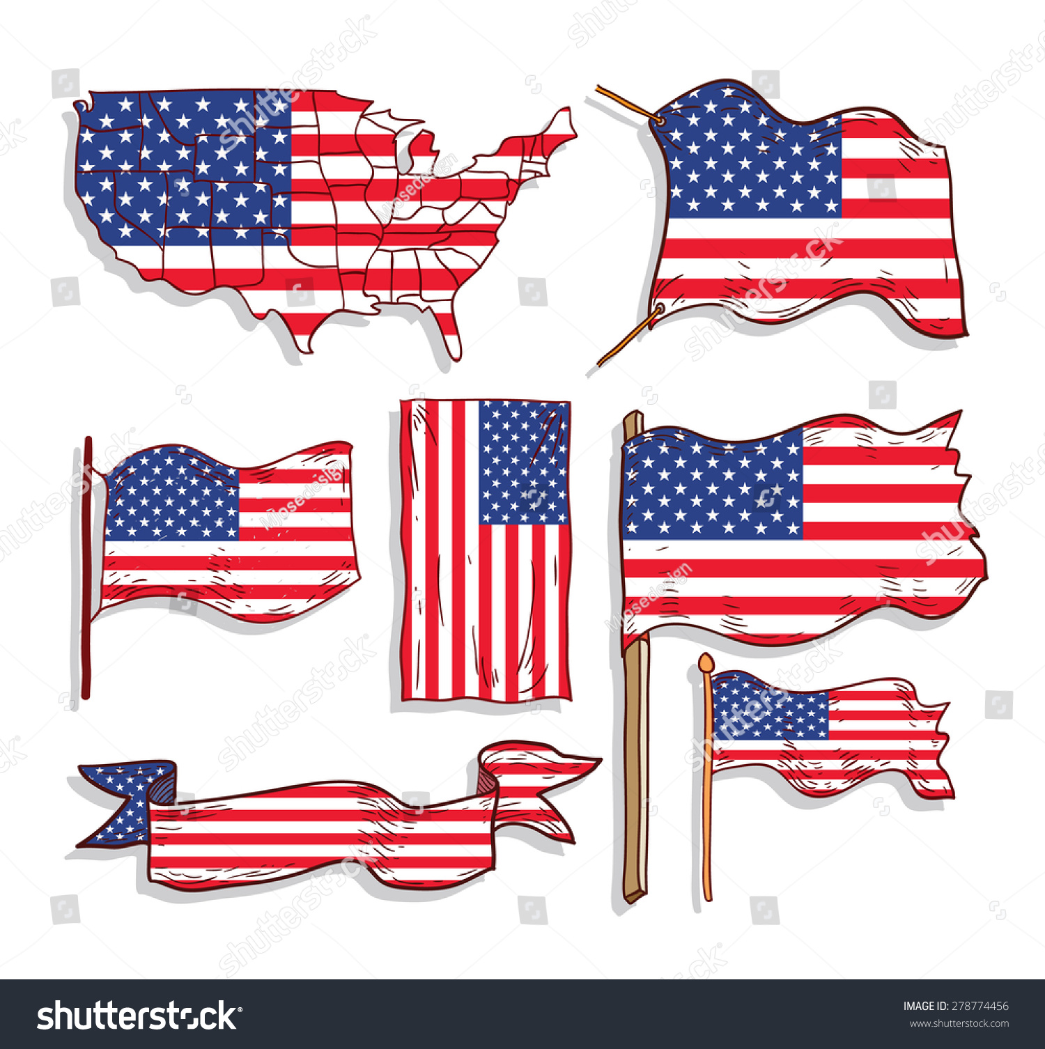 Flags And Map Of United States Of America , Icon Collection, Vector ...