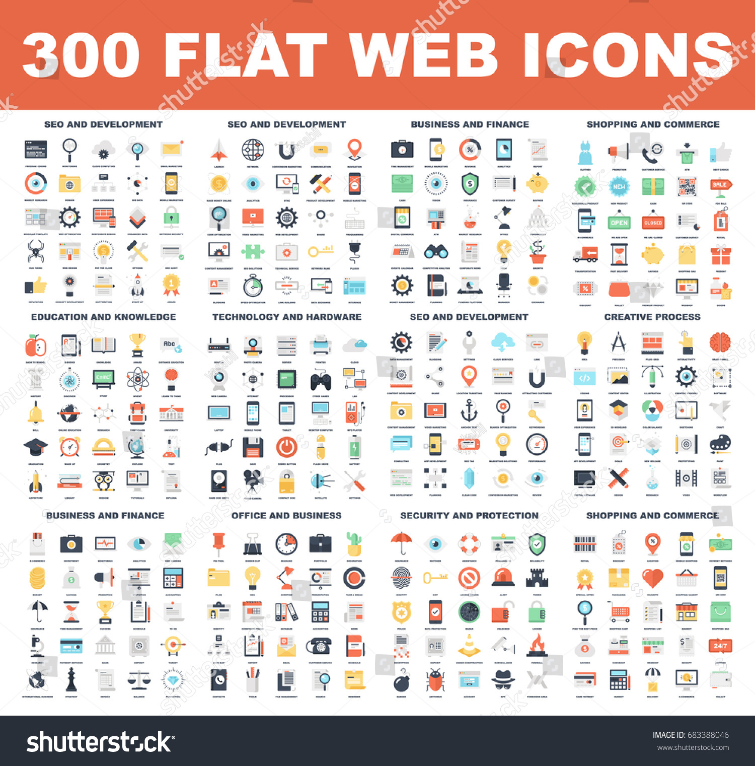 300 Flat Web Icons Seo Development Stock Vector (Royalty Free) 683388169