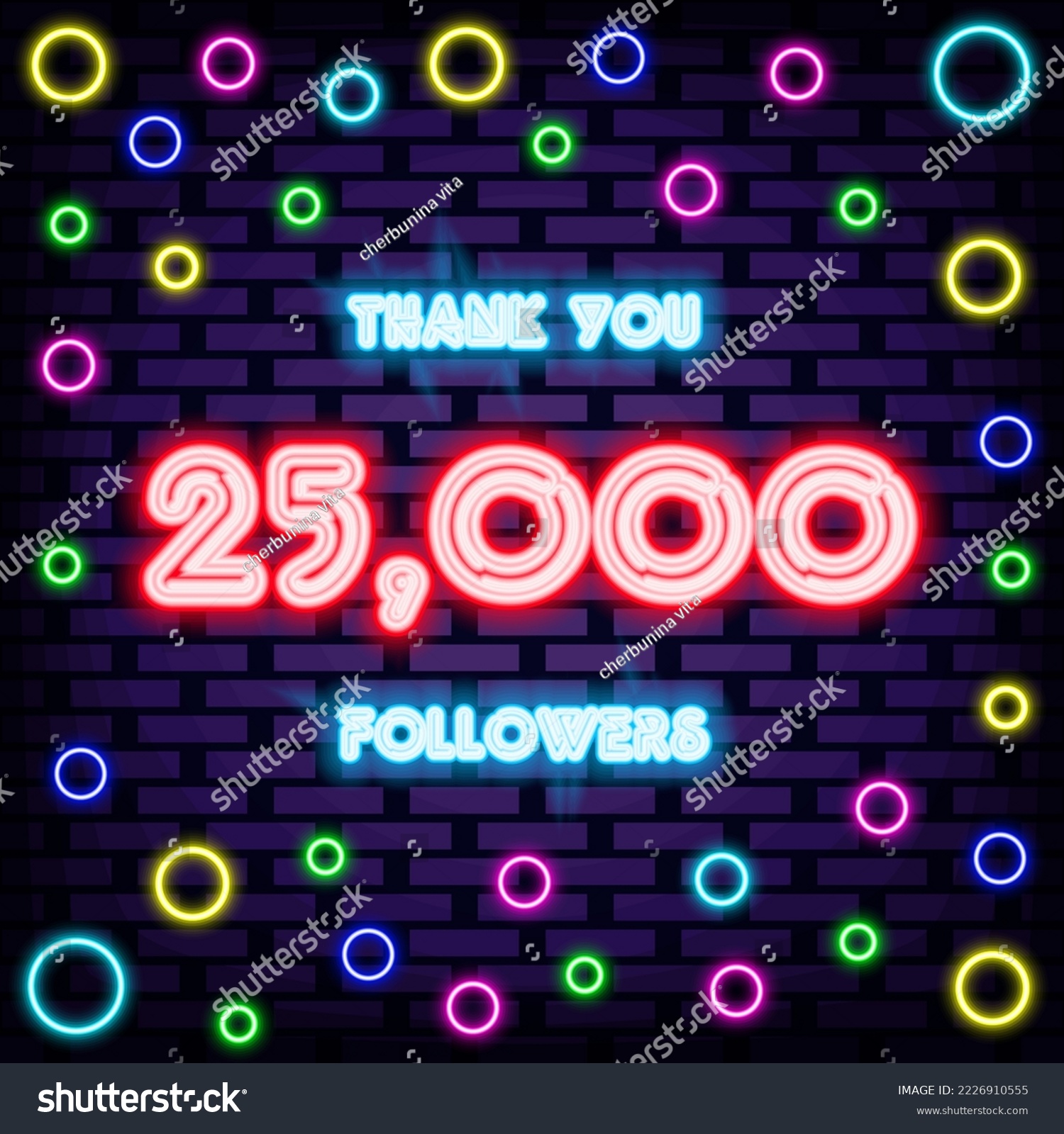 SVG of 25000 Followers Thank you Neon Sign Vector. On brick wall background. Night bright advertising. Isolated on black background. Vector Illustration svg