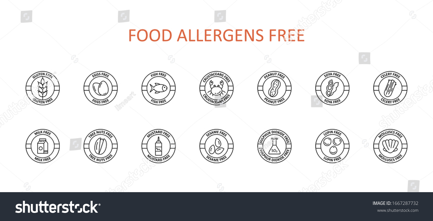 SVG of 14 free food allergens icon. Vector set of 14 icons with editable stroke. Collection includes gluten, fish, egg, crustacean, peanut, lupin, soya, milk, trees nuts, mustard, sesame, sulphur dioxide. svg