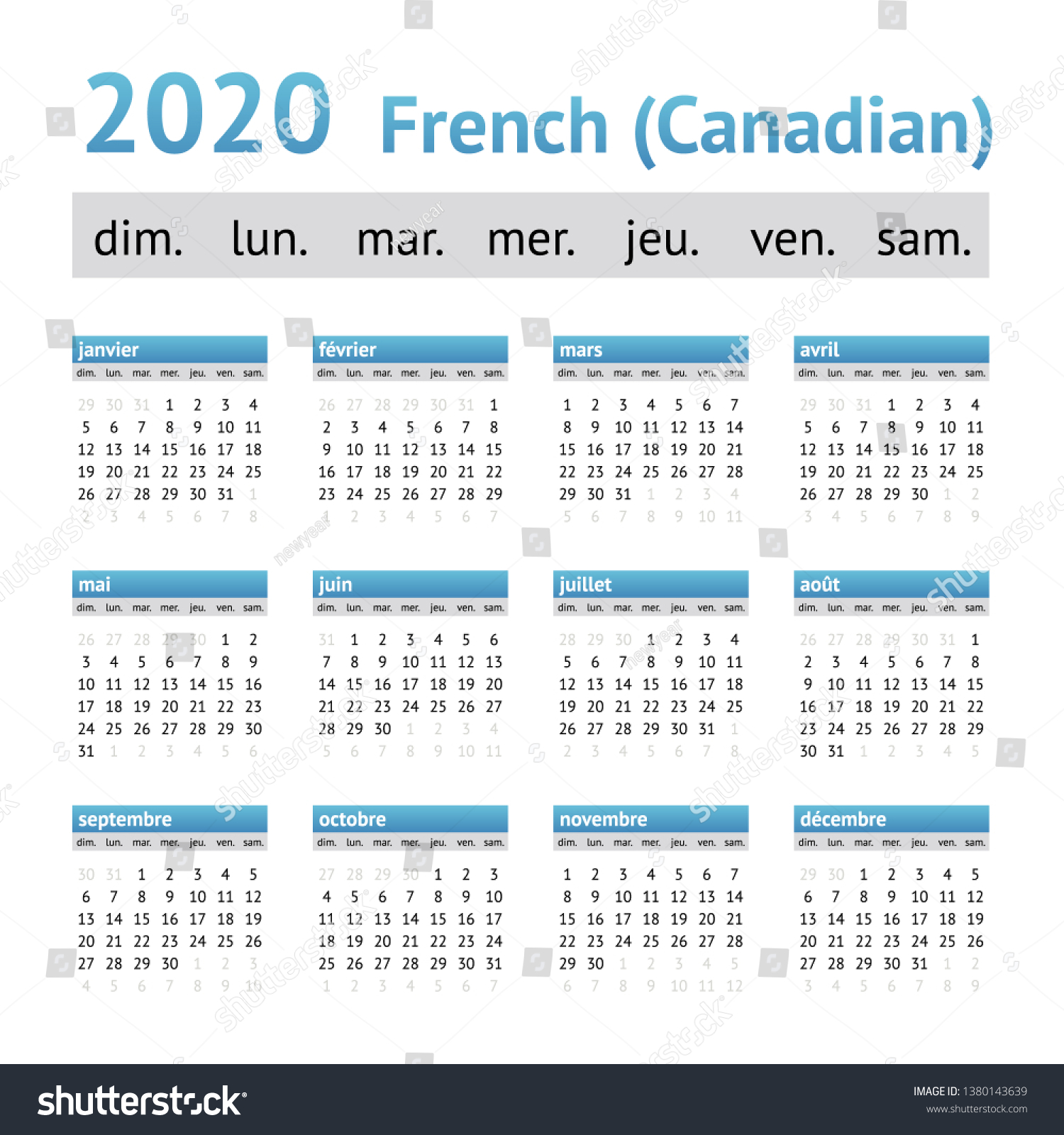 French American Calendar Canadian Weeks Stock Vector Royalty Free