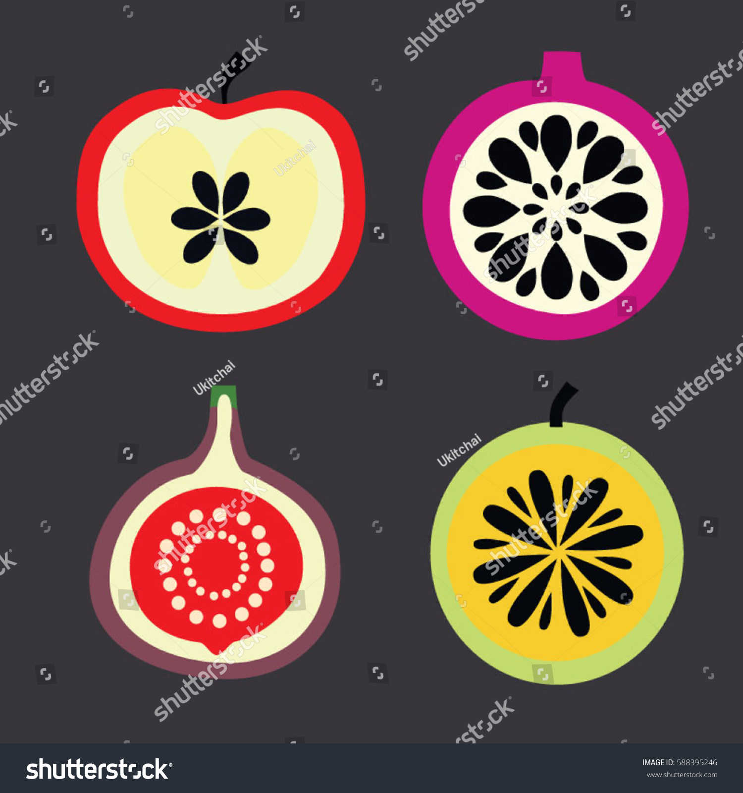 4 Fruits Dark Background Stock Vector (Royalty Free) 588395246