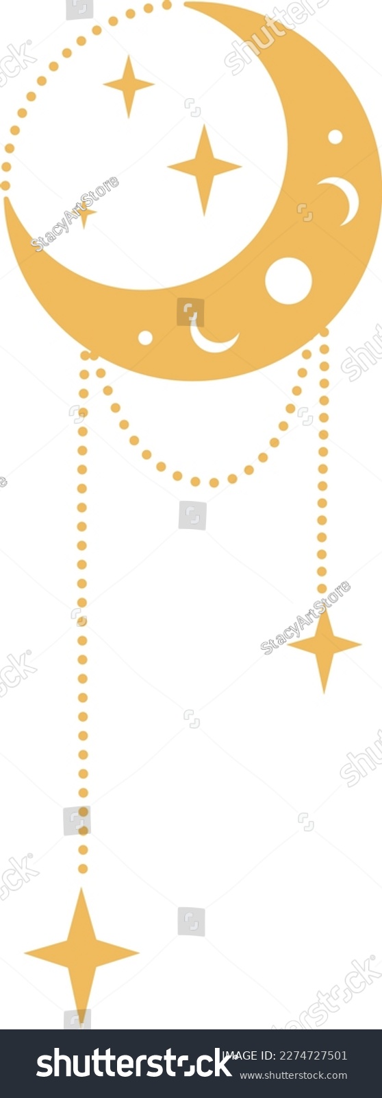 SVG of  Gold Bohemian Crescent Moon with Stars and Rays Astrology Illustrations. Moon Phases SVG Vector Clipart. Celestial, Mystical, Esoteric designs perfect for Printing. T-shirt, Mugs, Cut Boards Cut File svg