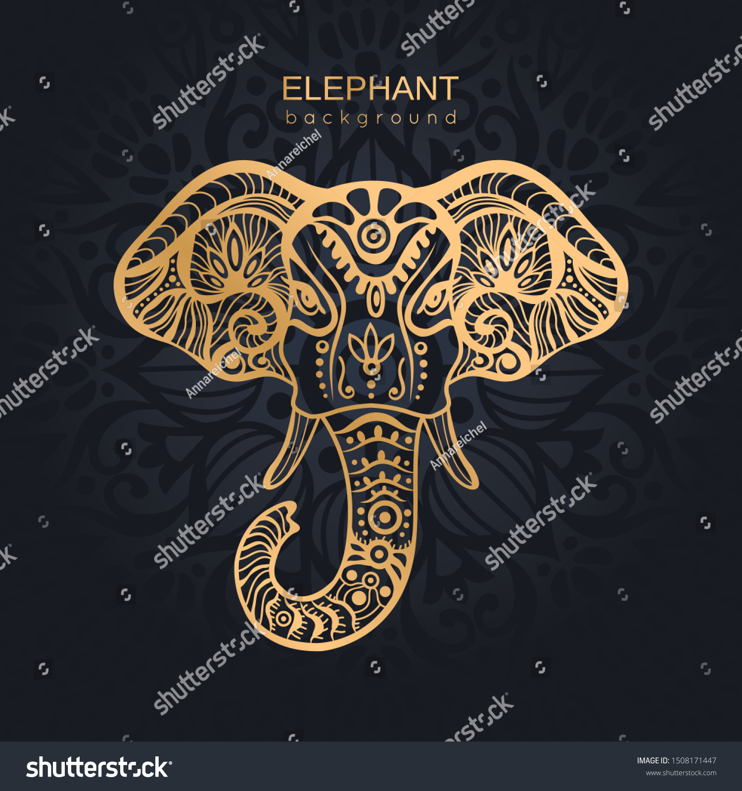 SVG of  Gold Stylized Patterned Elephant on ornamental dark background svg