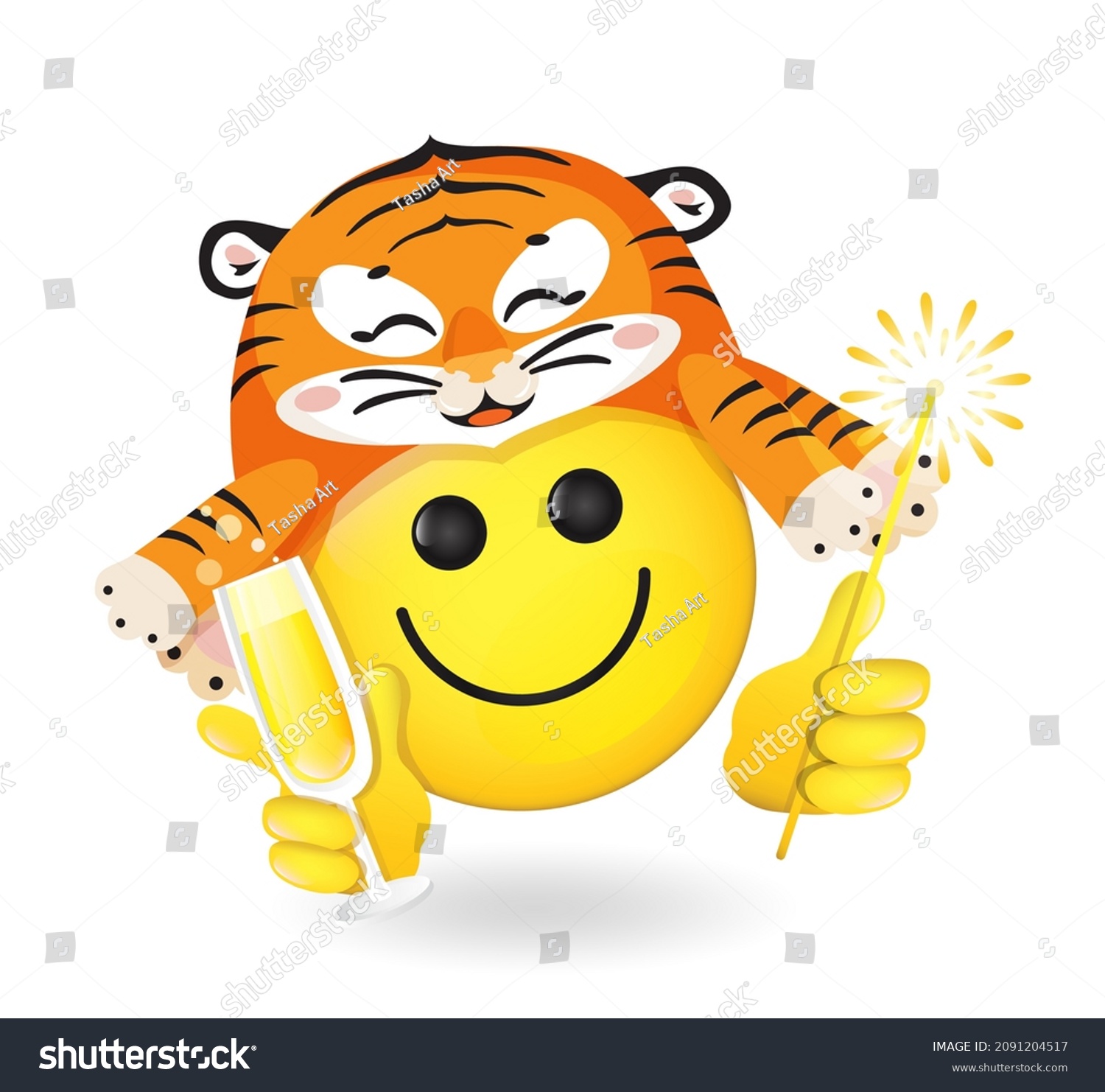 SVG of 2022 Happy Chinese New Year of the tiger celebration vector symbol.  Cheerful smiling emoji, Emoticon in tiger hat, holding wine glass of champagne, lightning  sparkler. Isolated at white background svg