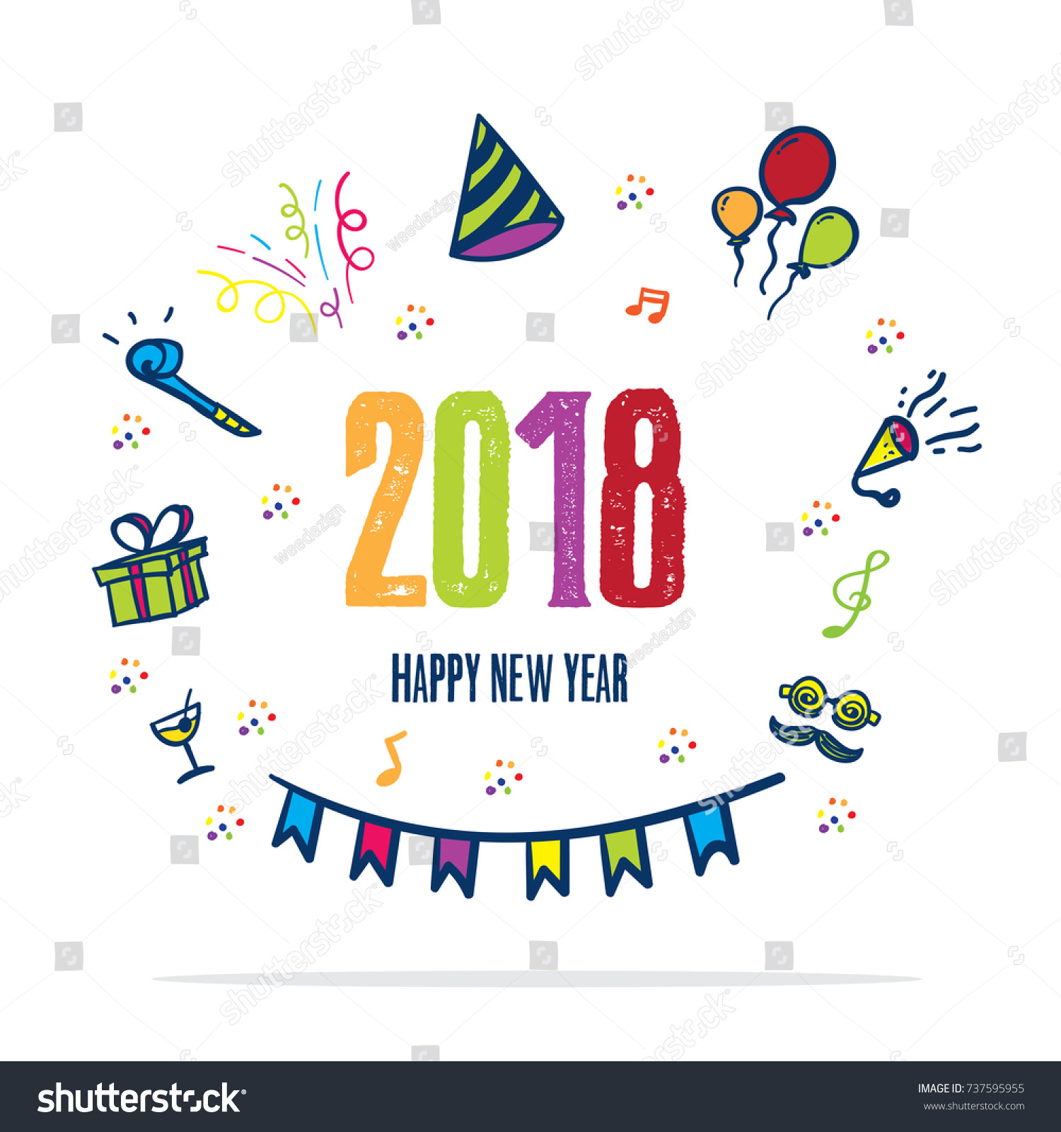 2018 Happy New Year Doodle Party Stock Vector Royalty Free