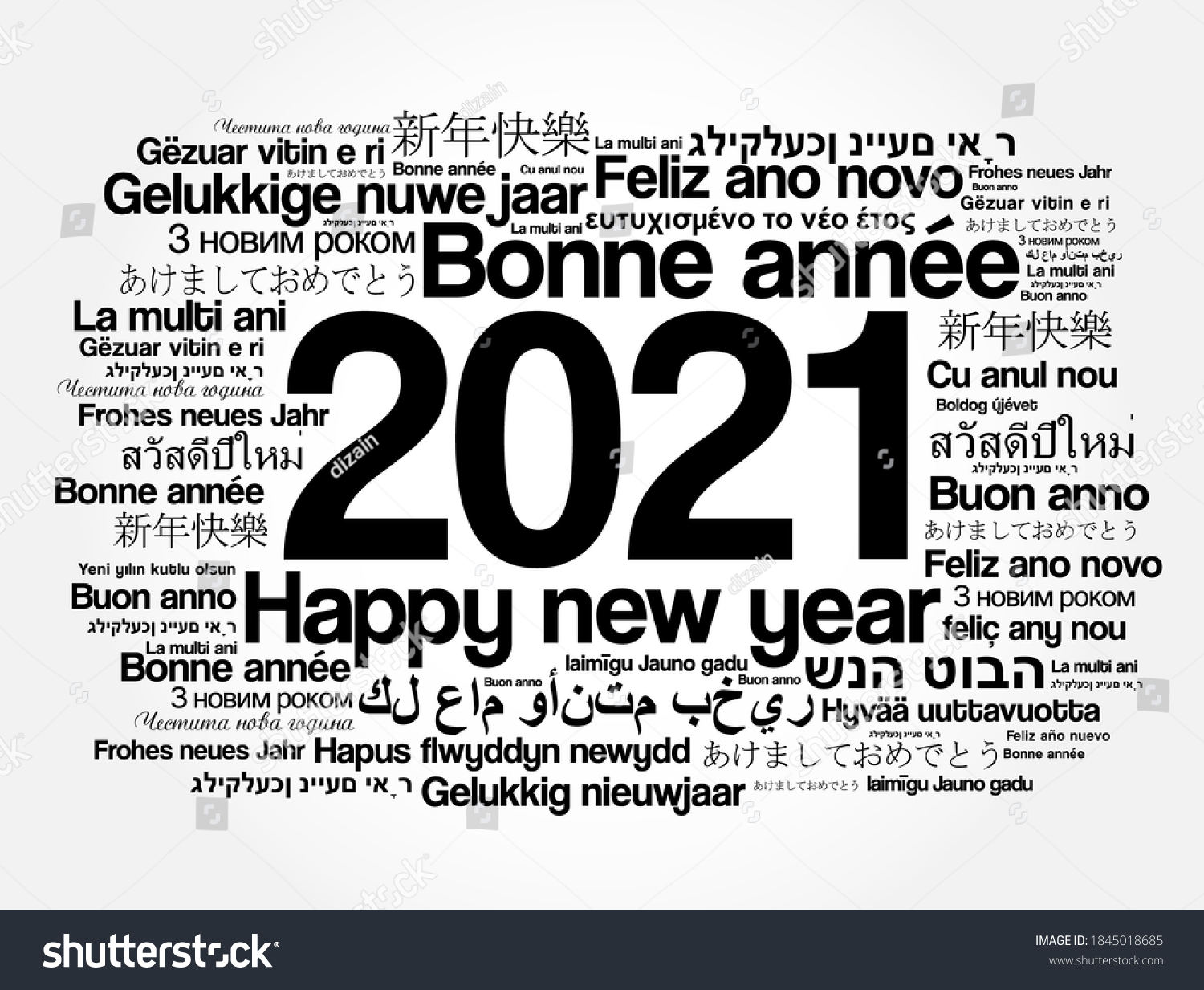 2021 Happy New Year Different Languages Stock Vector Royalty Free 1845018685