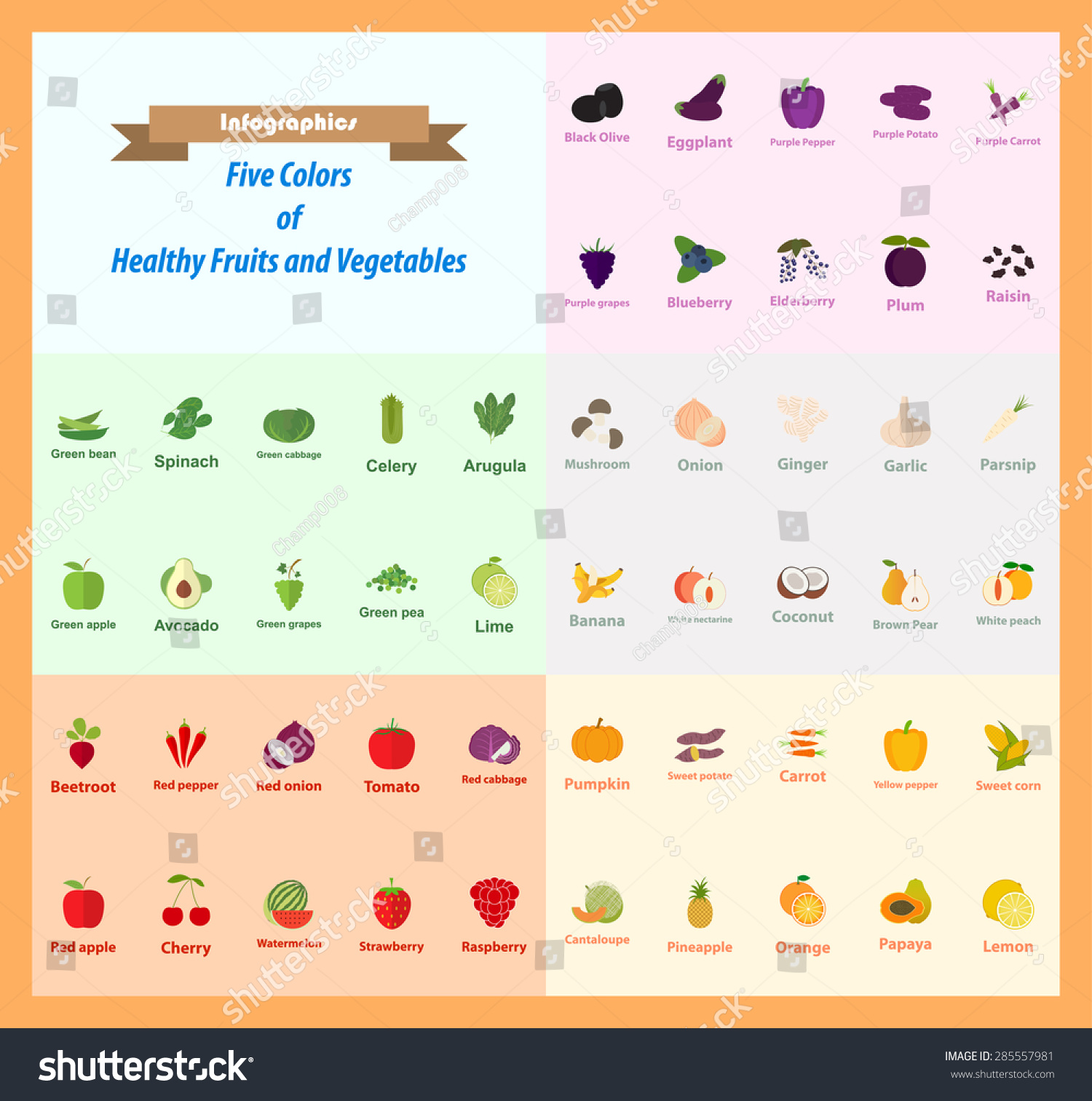 50 Healthy Fruits And Vegetables Icons Set In Five Colors Infographic ...