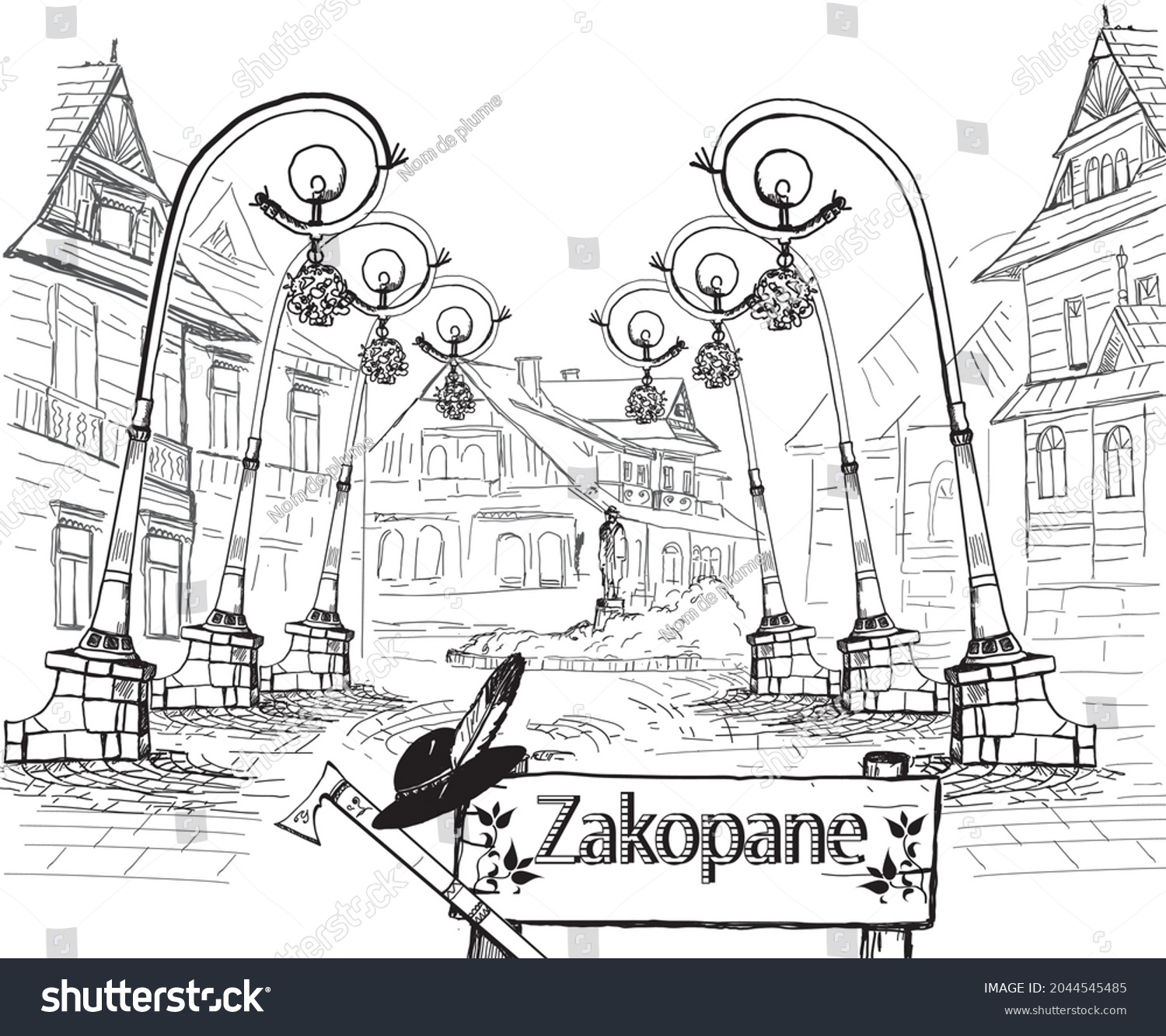 SVG of 
Historic street - promenade located in the center of the popular city of Zakopane. Black and white, sketchy graphics. svg