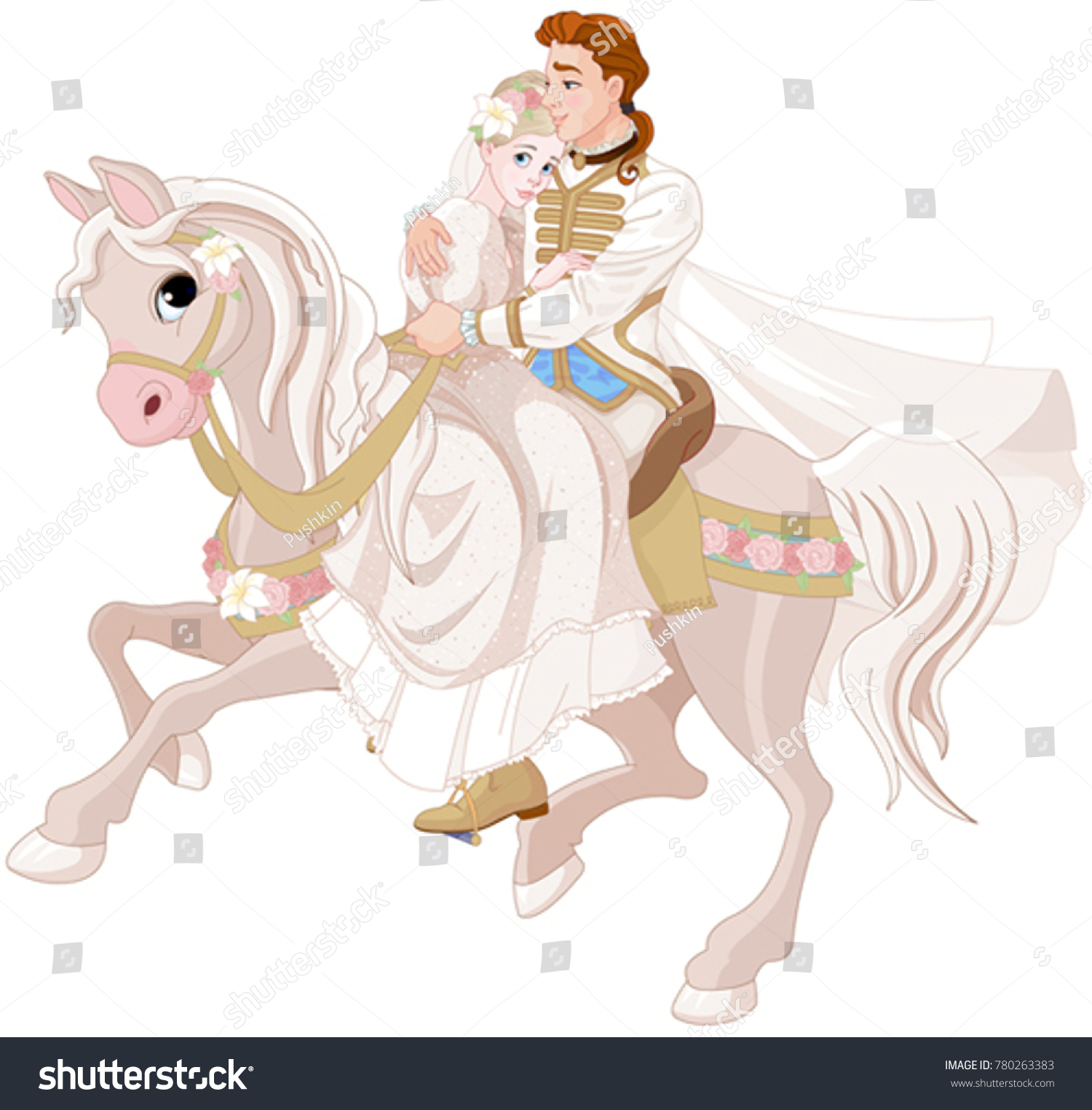 SVG of  Illustration of Cinderella and Prince riding a horse after wedding svg