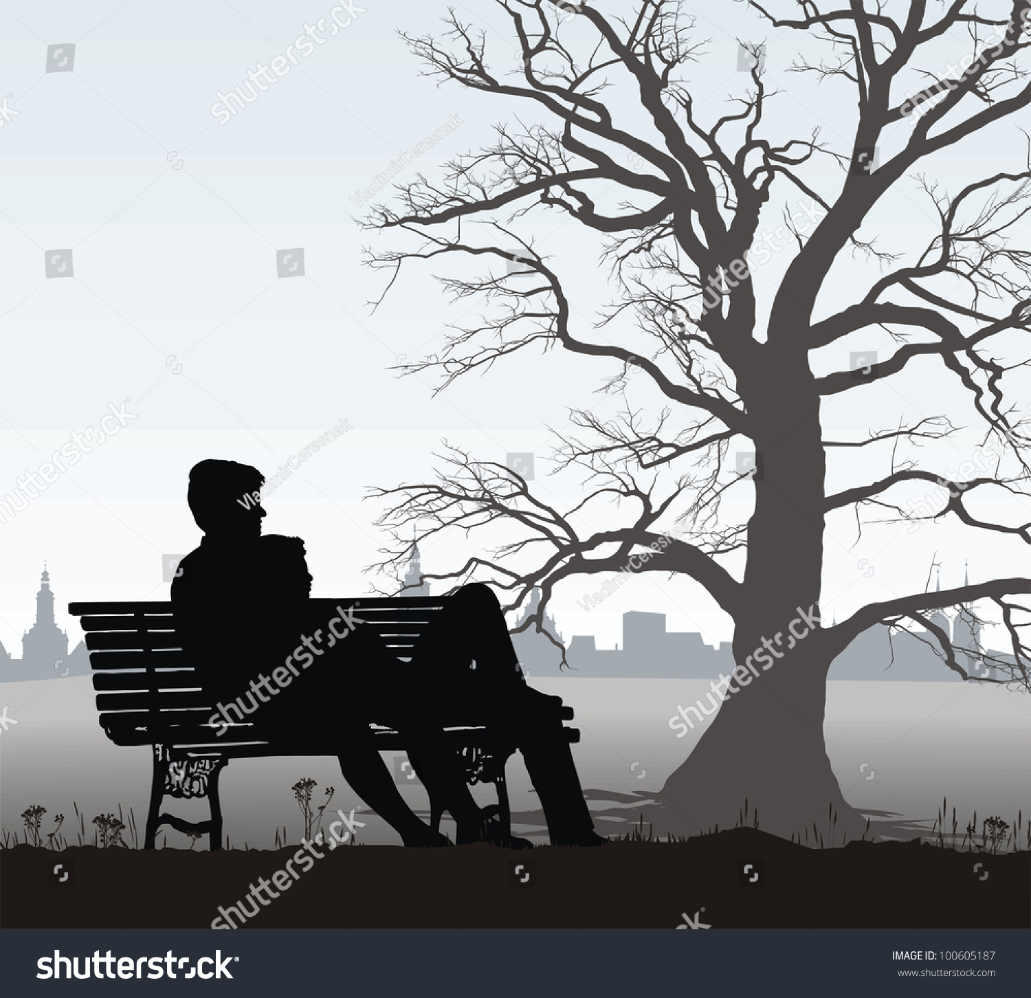 Illustration Young Couple On Bench Behind Stock Vector (Royalty Free ...