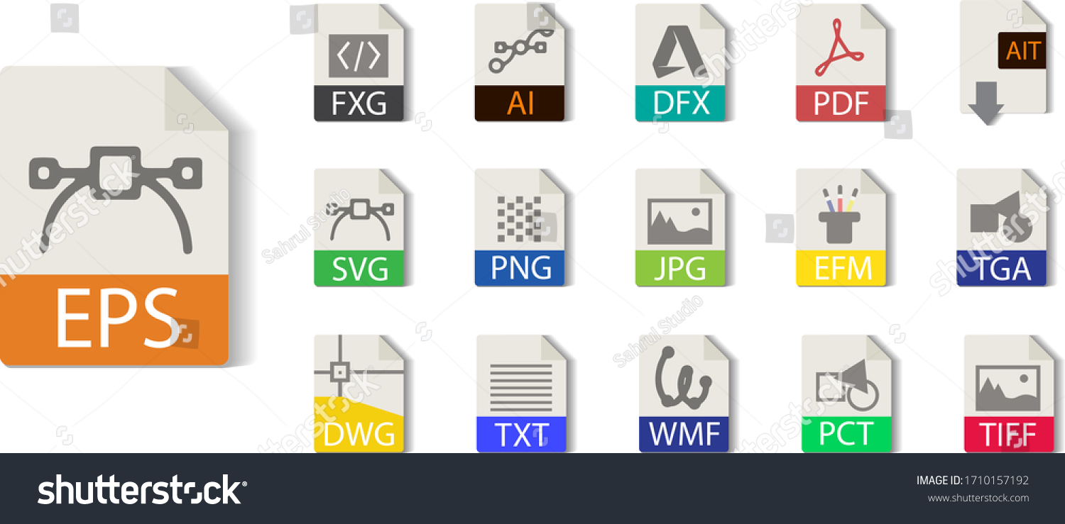 SVG of 	
Illustrator file format collection. FXG, AI,EPS, PDF, AIT, SVG, PNG, JPG, EMF, TGA, TIFF, TXT, WMF, PCT, DXF, DWG. File type vector and icons. svg