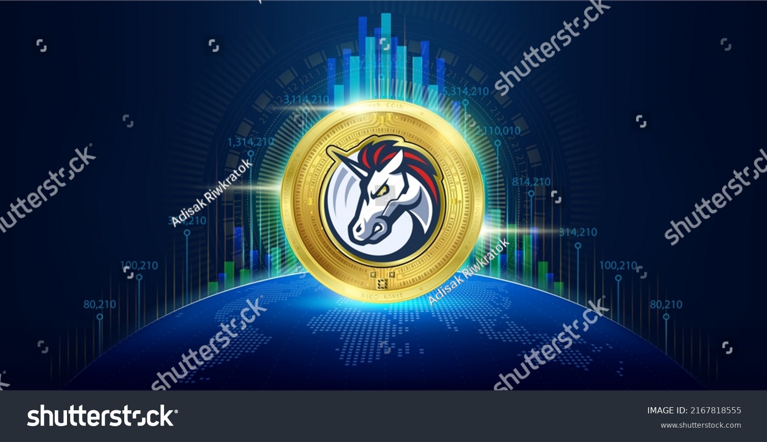 SVG of 1inch coin cryptocurrency with growth chart. Token crypto currency digital in blockchain stock market. Financial investment crypto trend trading concept. Banner for news on world map. Vector. svg
