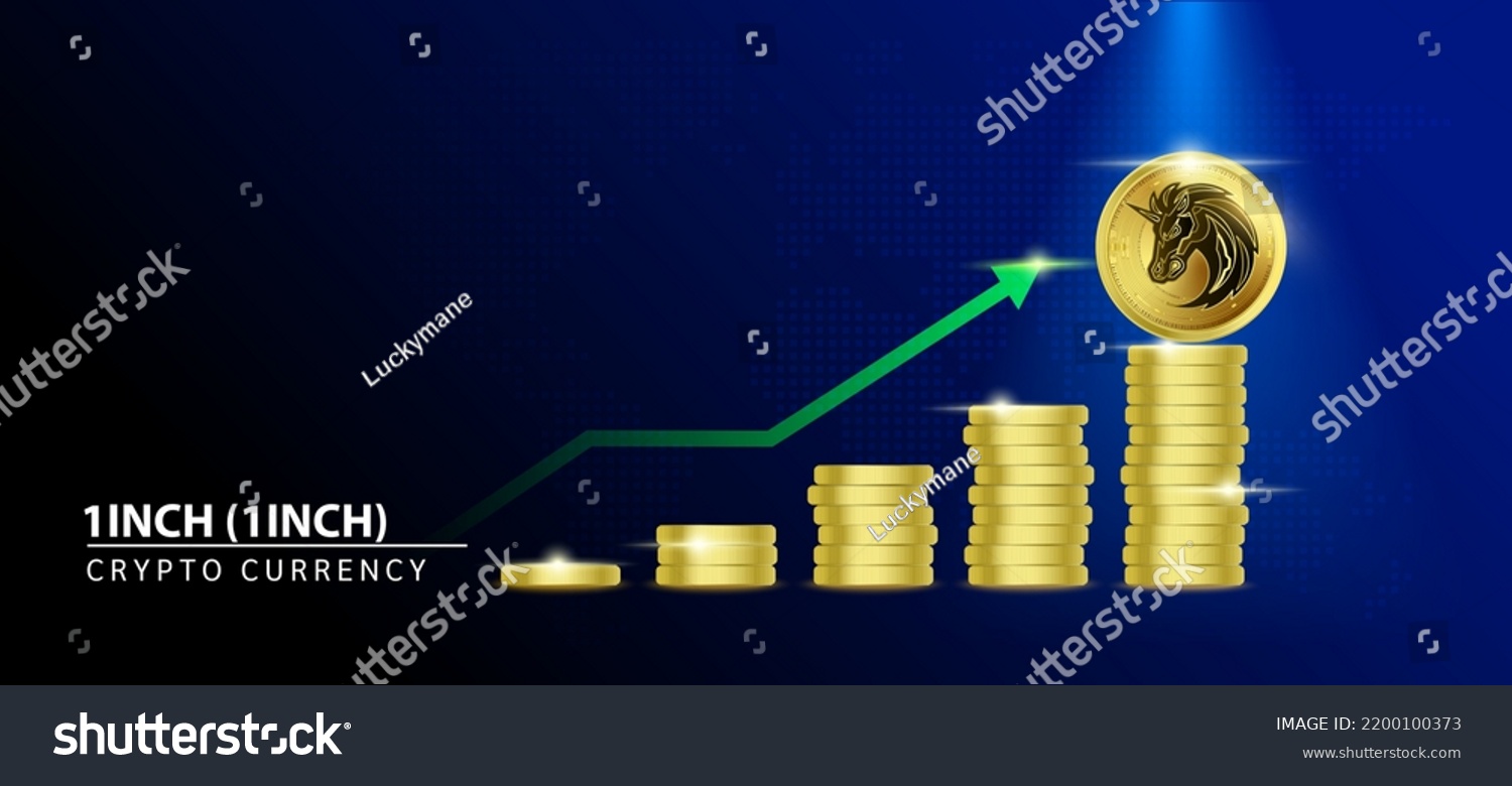 SVG of 1inch (1INCH) Coin crypto on blue background. Stablecoin blockchain token price increase from pile of gold coins.There is space to enter message. Nice for cryptocurrency digital money concept. svg