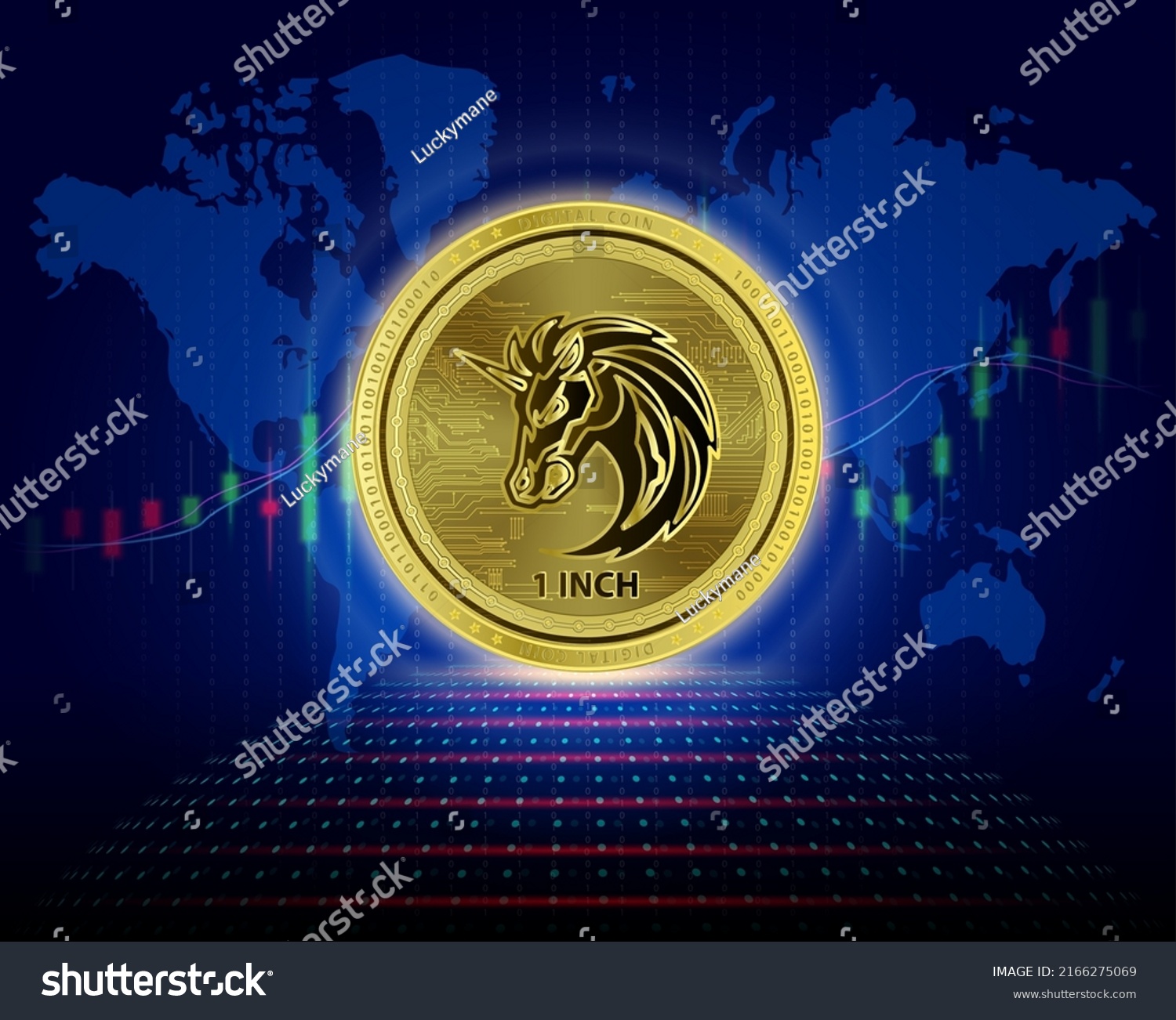 SVG of 1inch (1INCH) coin. 3D Vector illustration. Cryptocurrency blockchain (crypto currency) Future digital replacement technology. Silver golden virtual currency growth share chart is background. svg