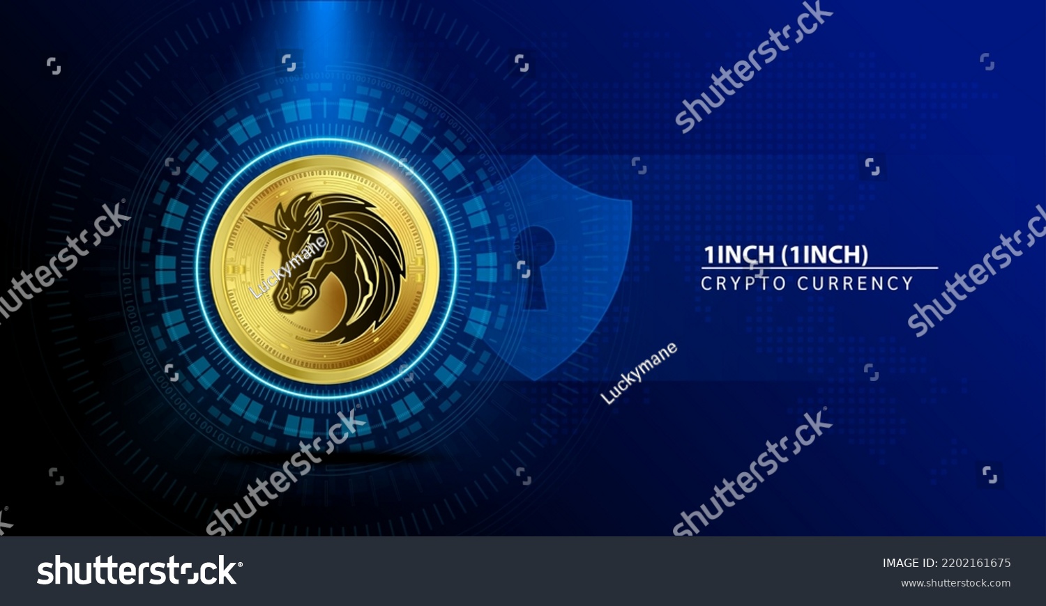 SVG of 1inch (1INCH) coin gold. Cryptocurrency blockchain. Future digital (crypto currency) currency replacement technology concept. On blue background. 3D Vector illustration. svg