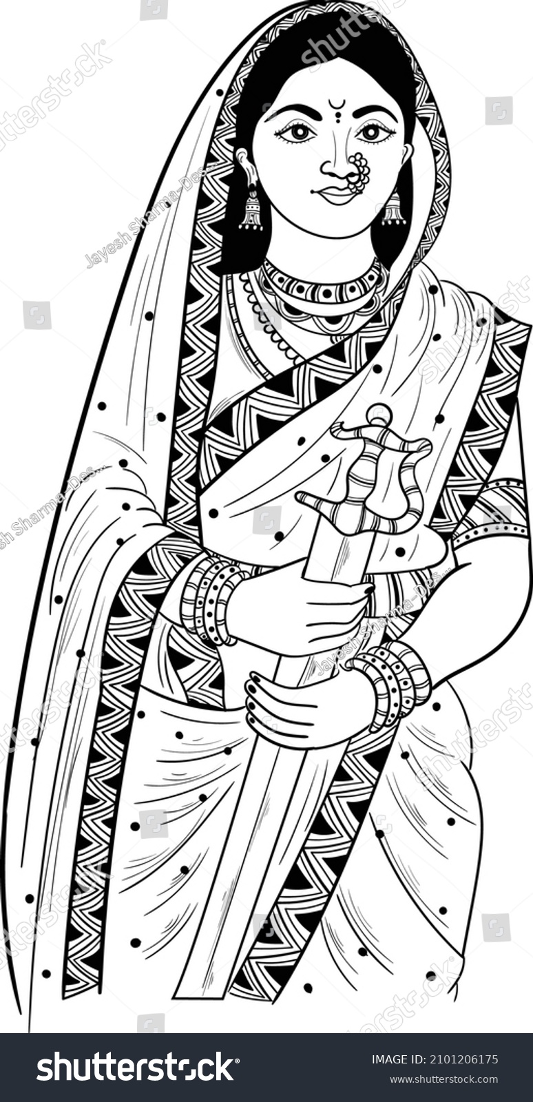 Indian Queen Black White Line Drawing Stock Vector (Royalty Free ...