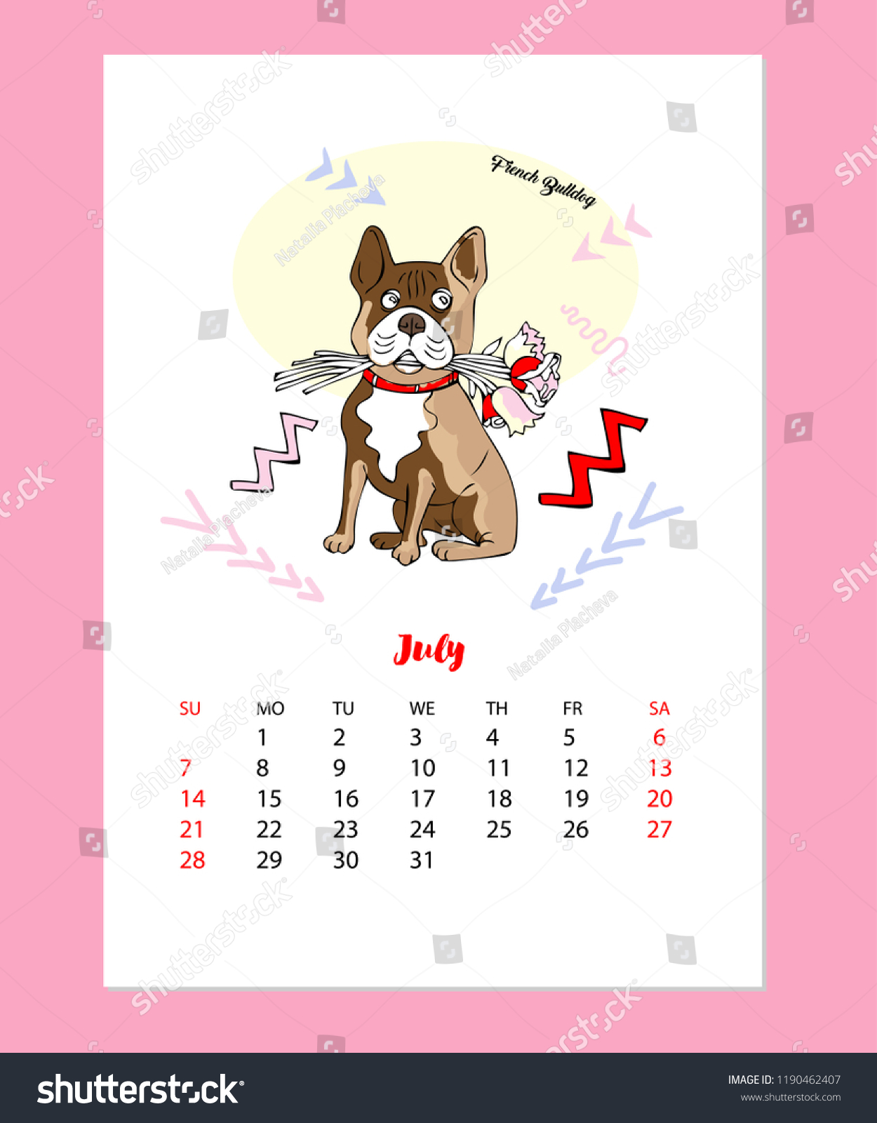 Vektor Stok July Calendar 2019 Funny French Bulldog Tanpa Royalti 1190462407