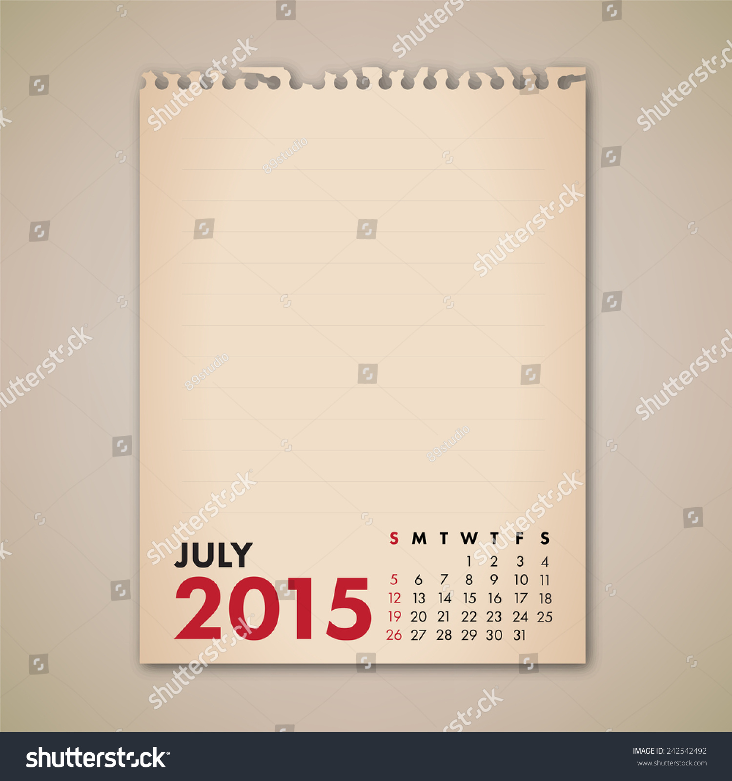 2015 July Old Note Paper Calendar Stock Vector (Royalty Free) 242542492 ...