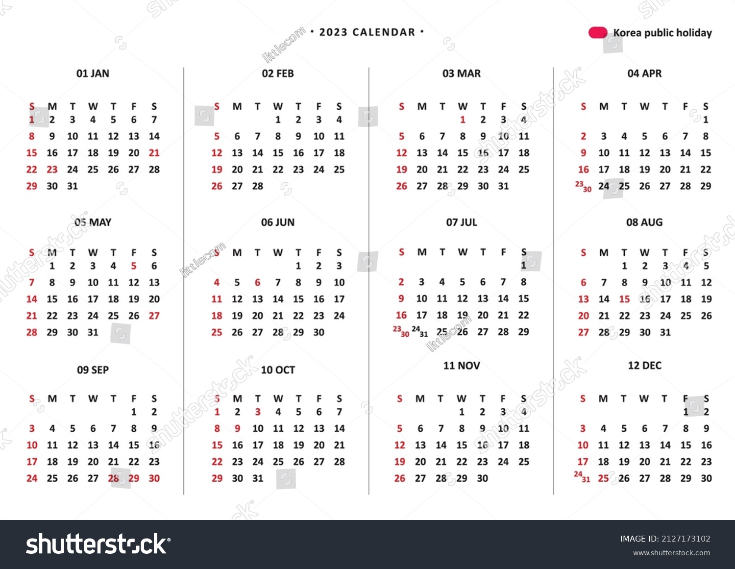 2023 Korea Public Holidays Calendar Hankuk stockvector (rechtenvrij