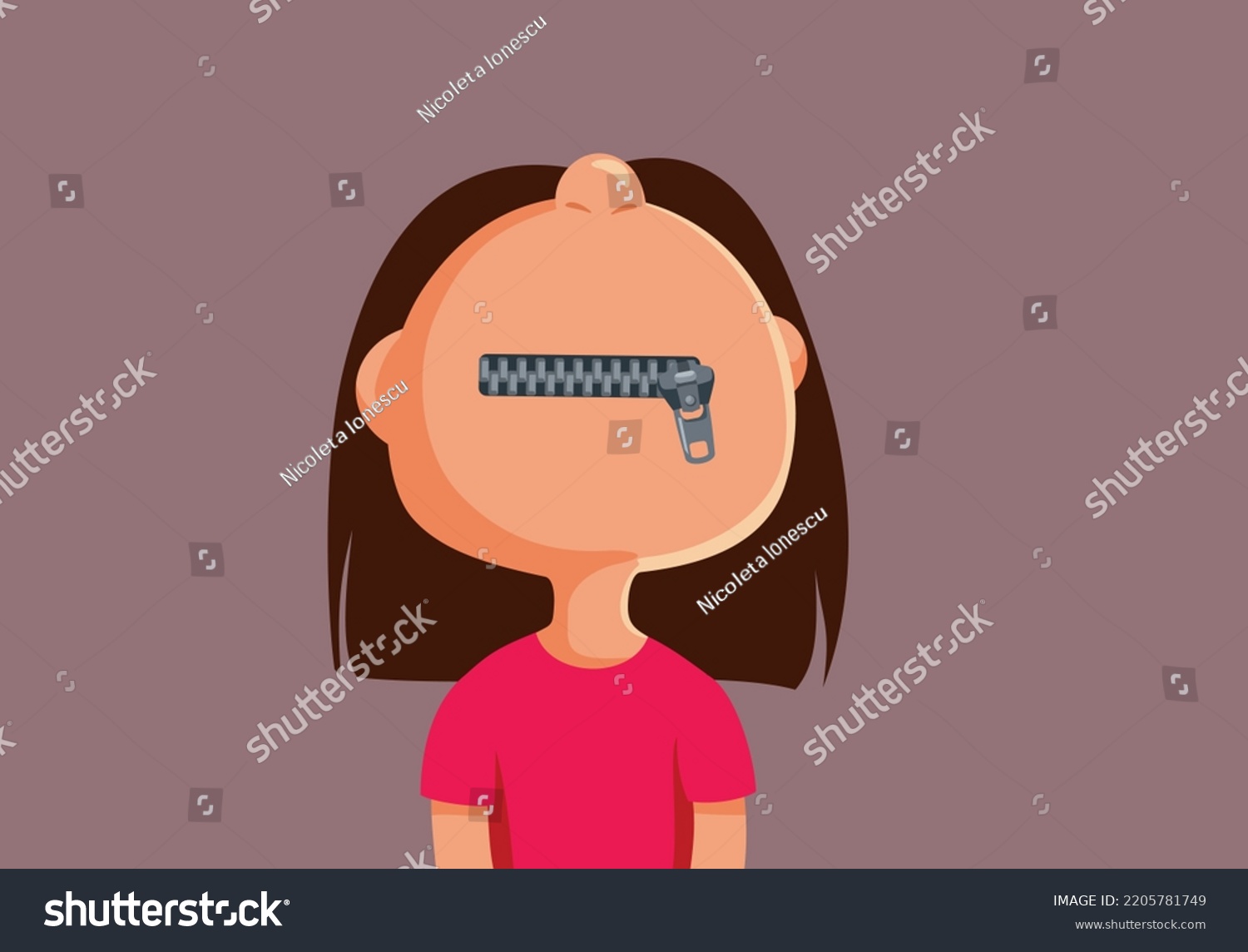SVG of 
Little Girl Having her Mouth Zipped Holding a Secret Vector Cartoon. Child not talking having a zipped mouth making no noise
 svg