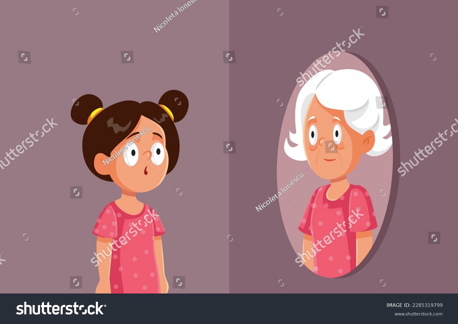 SVG of 
Little Girl Looking in the Mirror Seeing her Older Self Vector Cartoon. Young child thinking about growing older
 svg