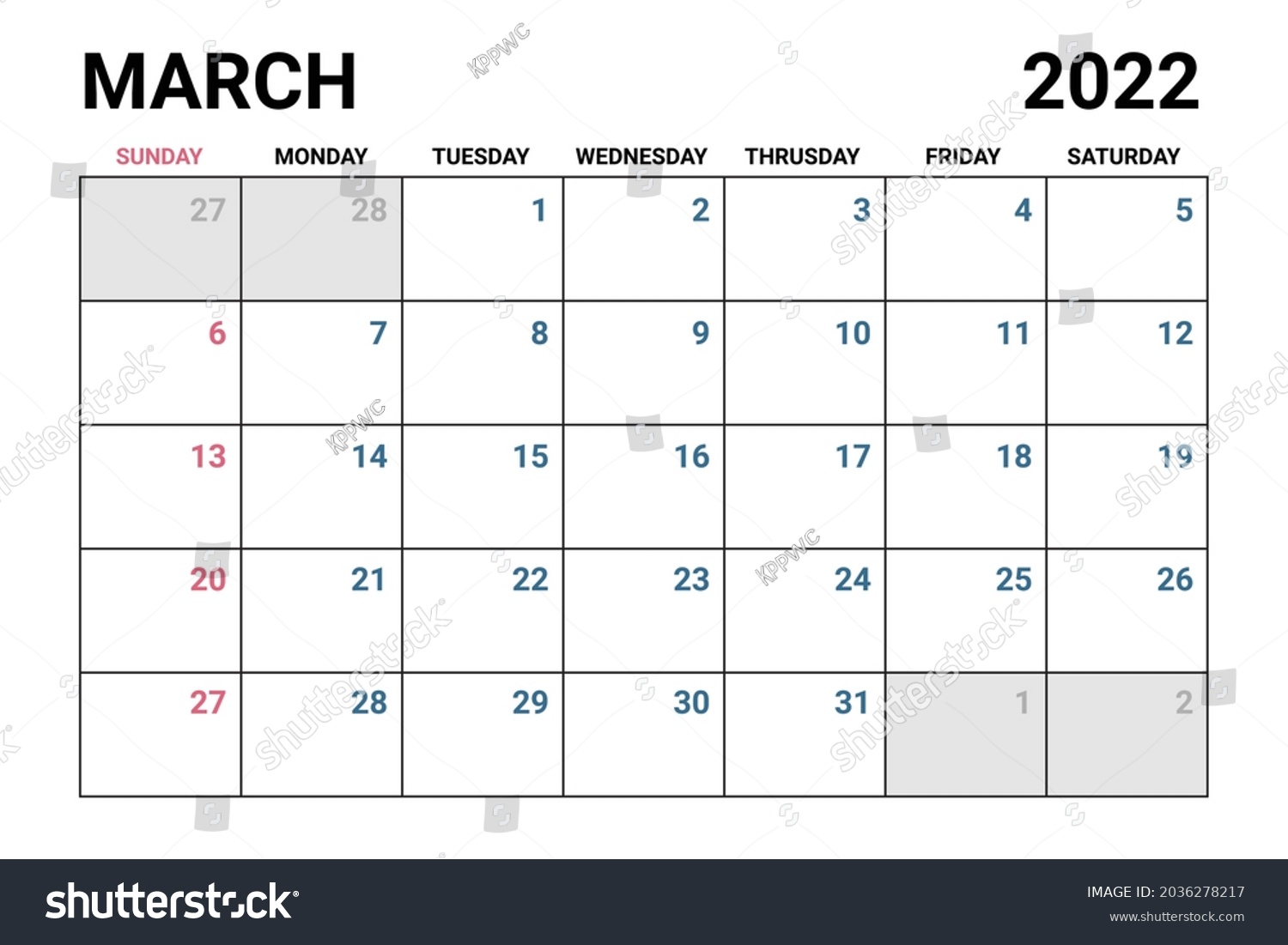Vektor Stok 2022 March Calendar Vector Illustration (Tanpa Royalti ...