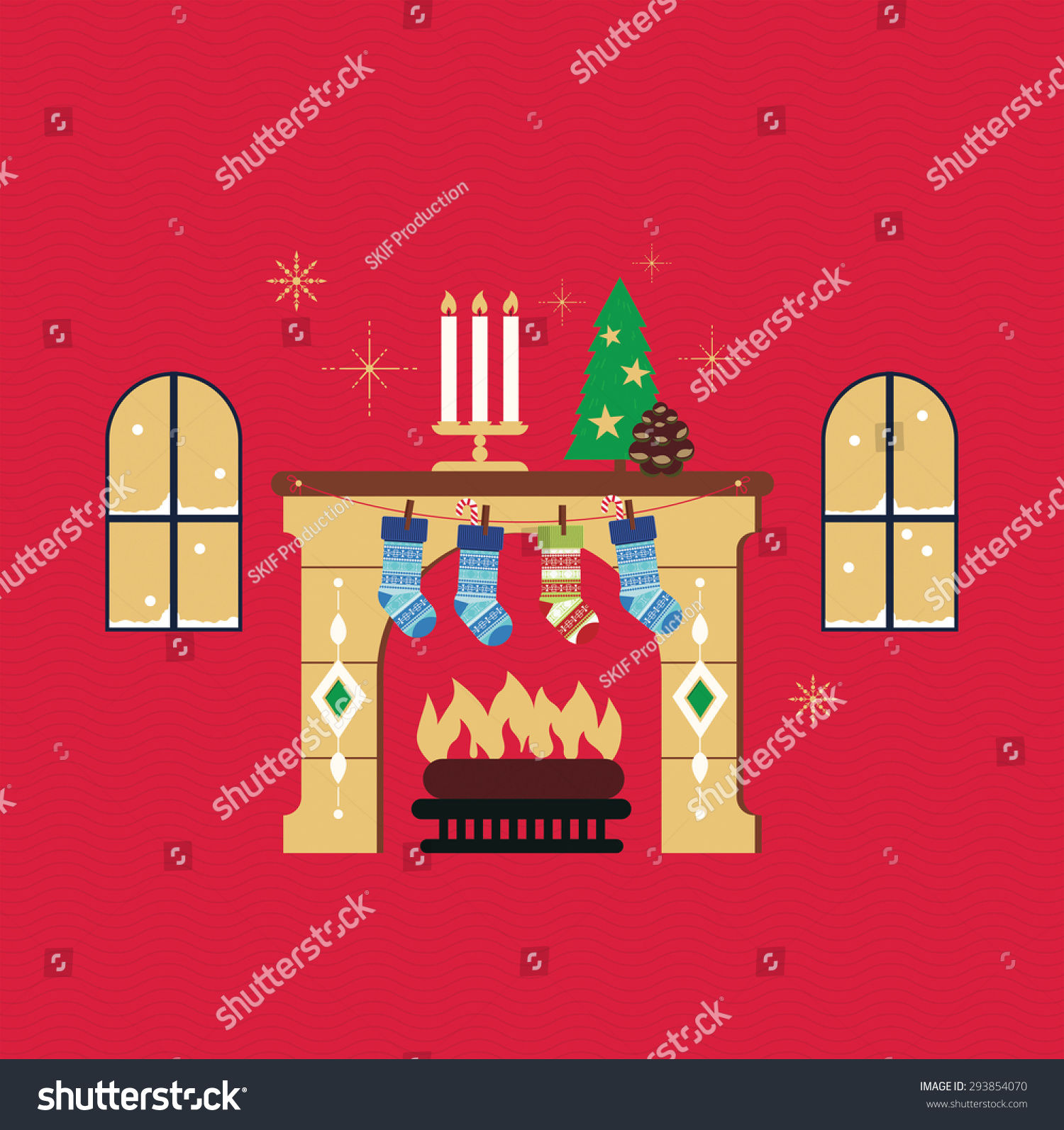 2016 Merry Christmas Fireplace Red Background Vector Illustration