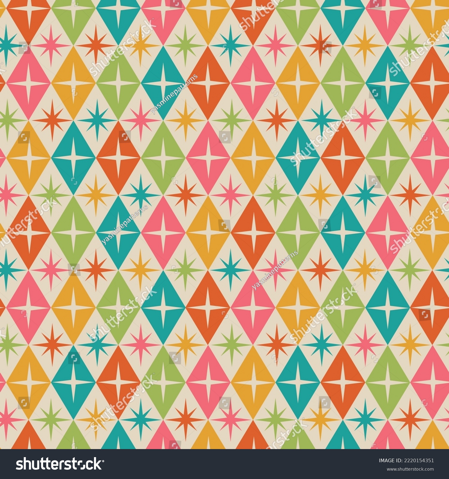 SVG of  Mid century modern atomic starburst on retro diamond shapes seamless pattern in teal, green, orange, pink and yellow. For home décor, textile and fabric svg