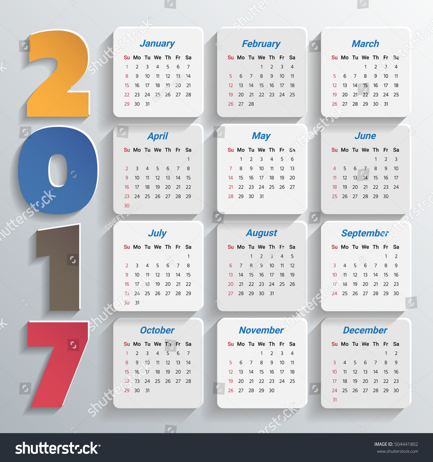 2017 Modern Calendar Template Vectorillustration: เวกเตอร์สต็อก (ปลอด