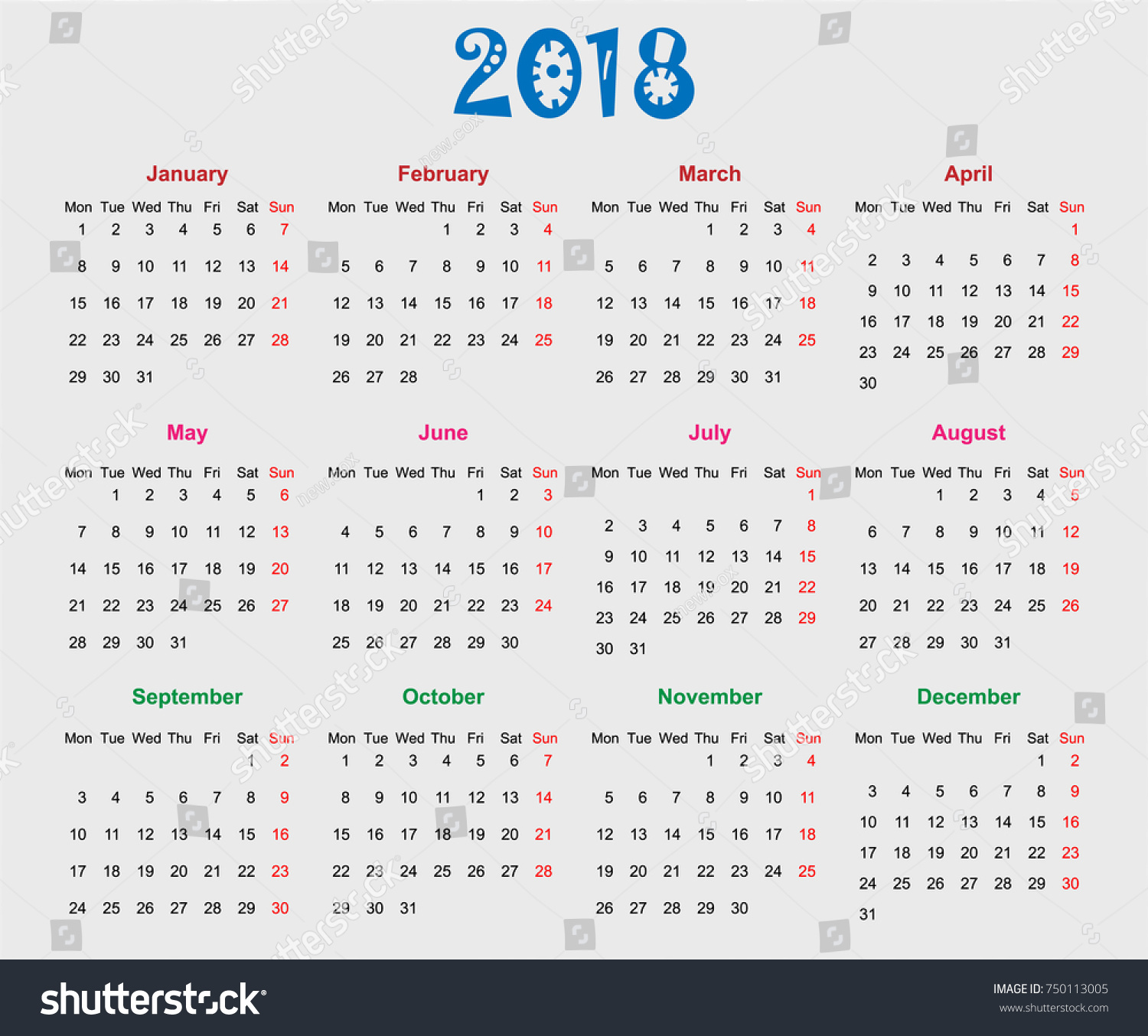 12 Months Calendar Design 2018 Editable Stock Vector (Royalty Free ...