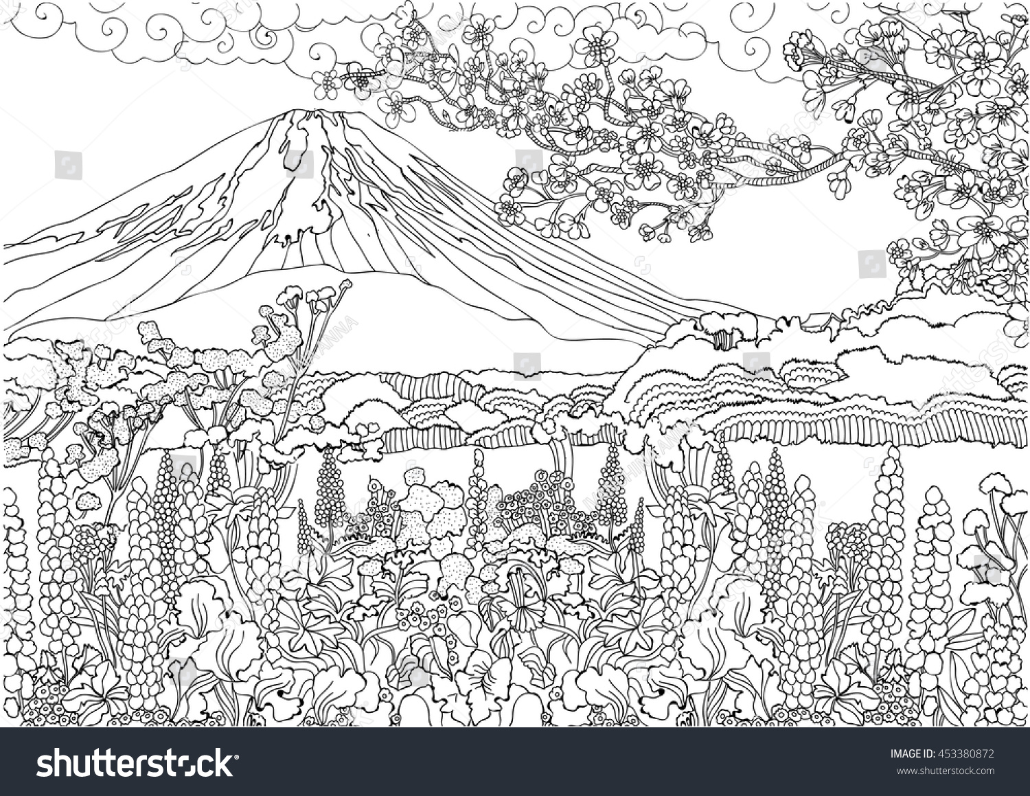 Mountain Japan Fujiyama Landscape Coloring Pages Stock Vector ...