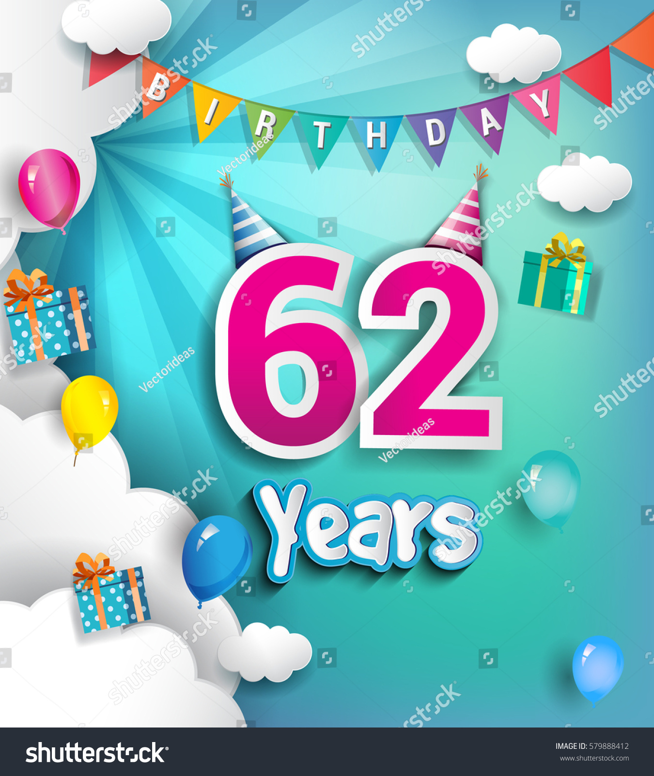62nd Anniversary Celebration Design Clouds Balloons Stock Vector
