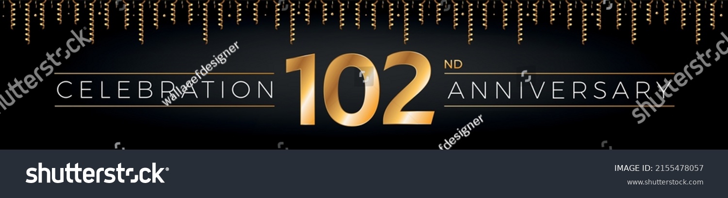 SVG of 102nd anniversary. One hundred two years birthday celebration horizontal banner with bright golden color. svg