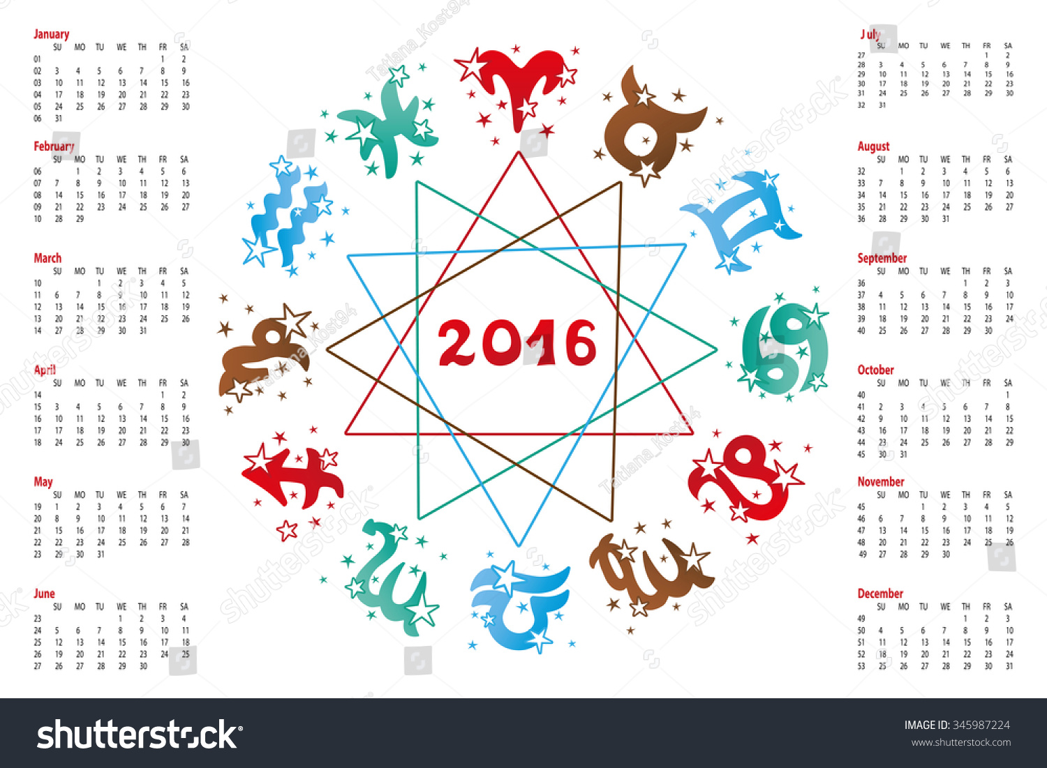2016 New Year Calendar.Horoscope Circle With Zodiac Sign.Elements,Stars ...