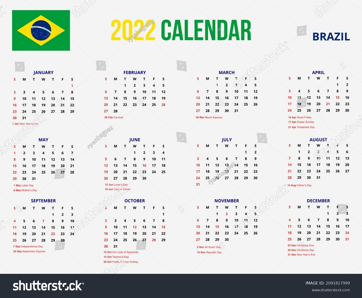 2022 año nuevo calendario simple brasil vector de stock (libre de