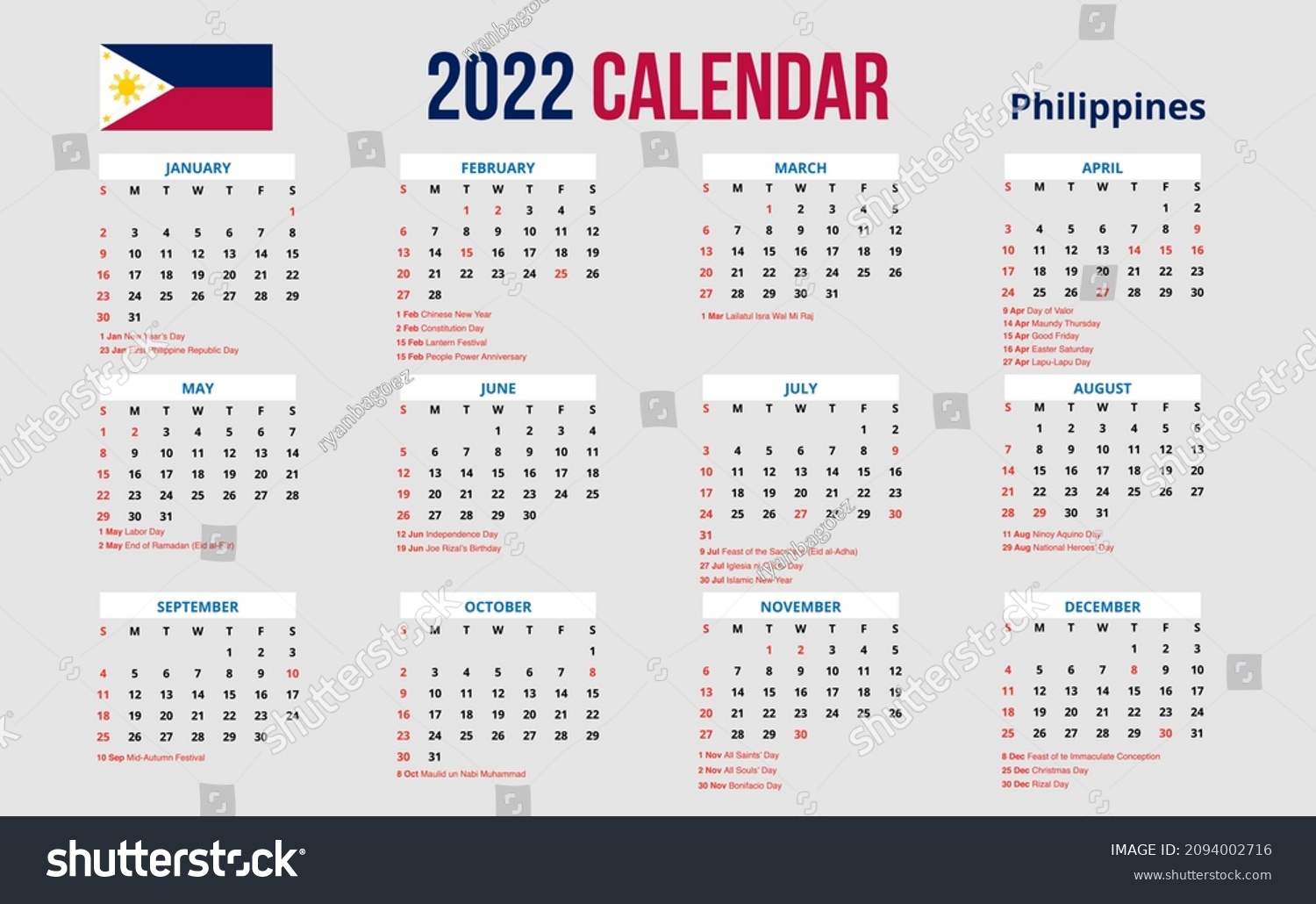 2022 New Year Simple Calendar Philippines Stock Vector (Royalty Free ...