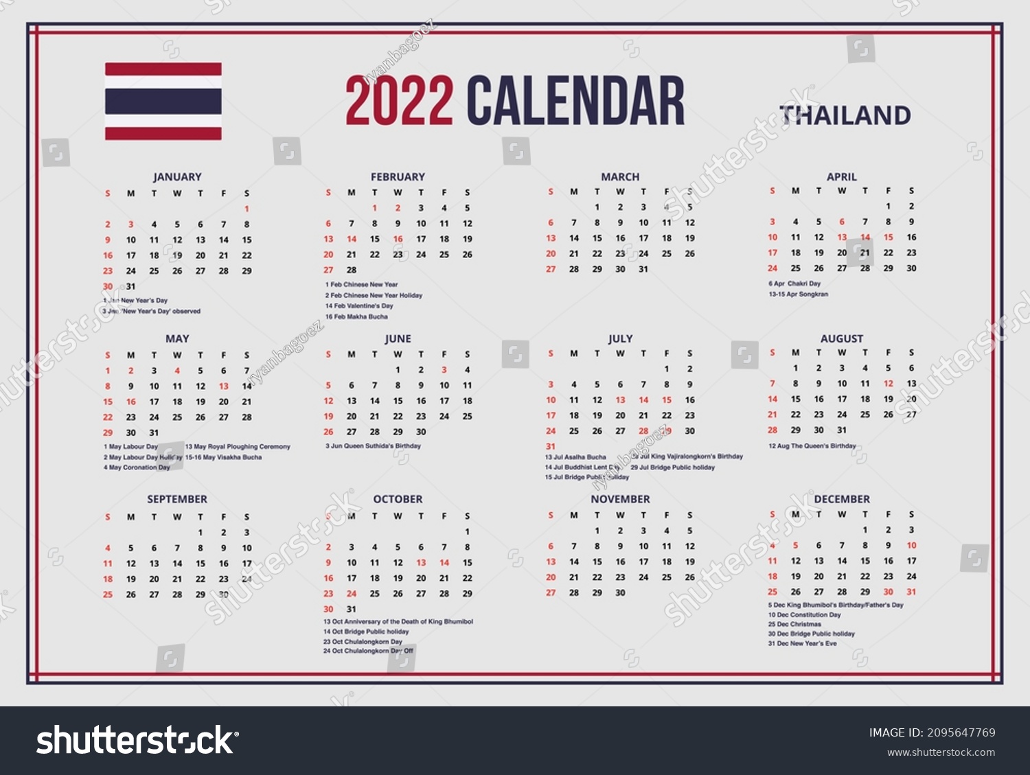 Thai Calendar 2022 2022 New Year Simple Calendar Thailand Stock Vector (Royalty Free)  2095647769