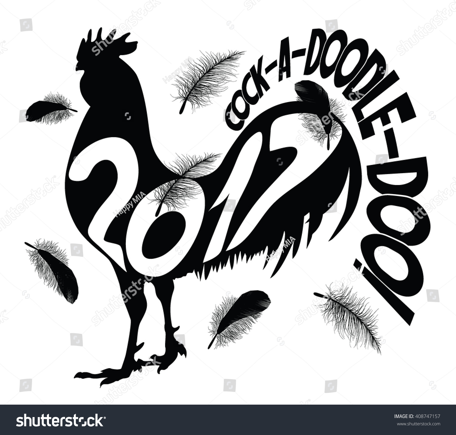 SVG of 2017 New Year vector illustration with silhouette of rooster ,cock-a-doodle-doo! lettering and  black feathers svg