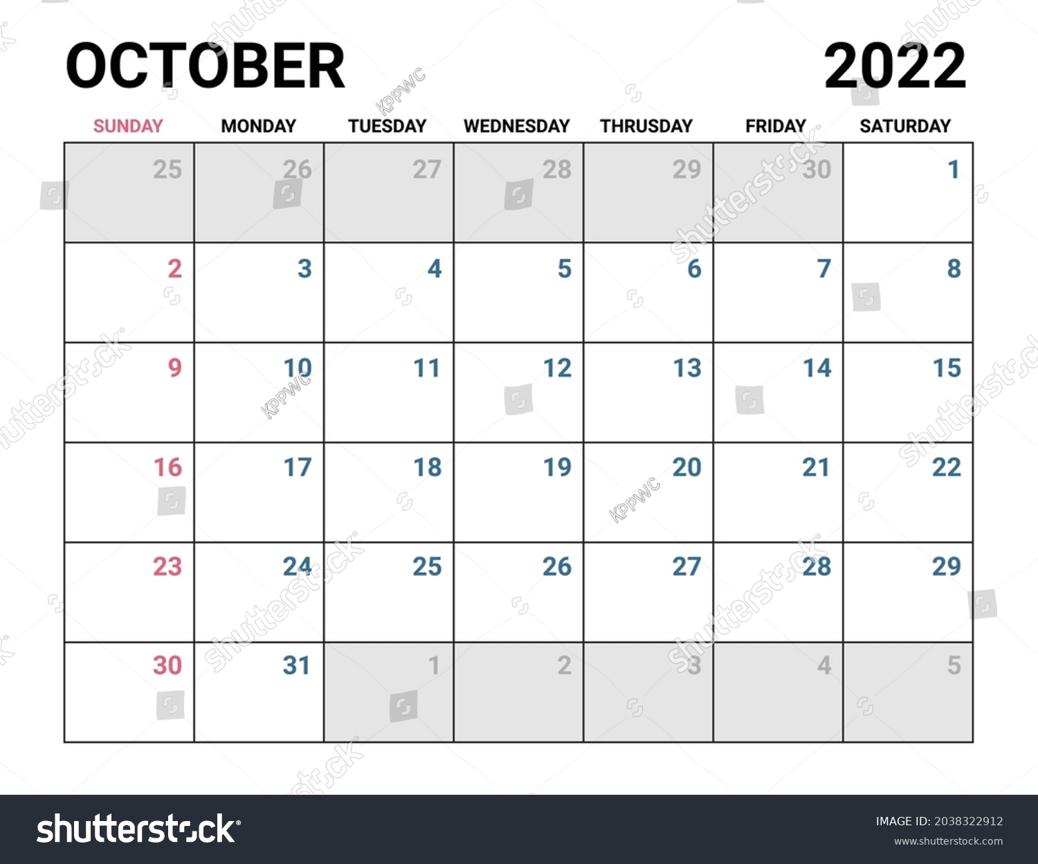 2022 October Calendar Vector Illustration Stock Vector (Royalty Free