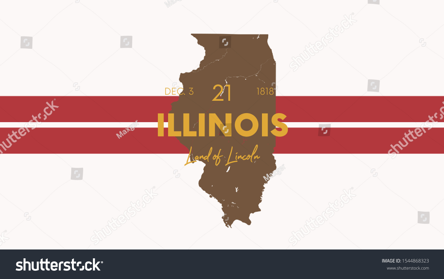 SVG of 21 of 50 states of the United States with a name, nickname, and date admitted to the Union, Detailed Vector Illinois Map for printing posters, postcards and t-shirts svg