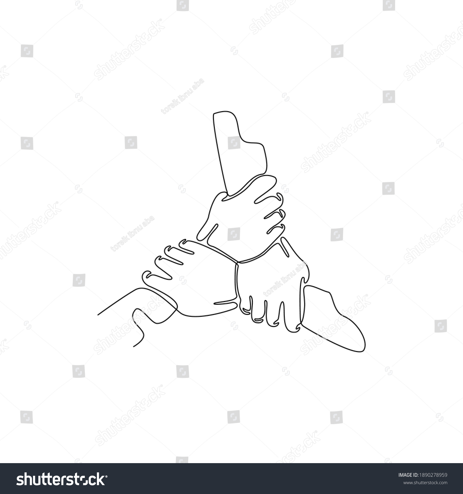 Continuous One Line Of Three Human Hands Holding Each Other The