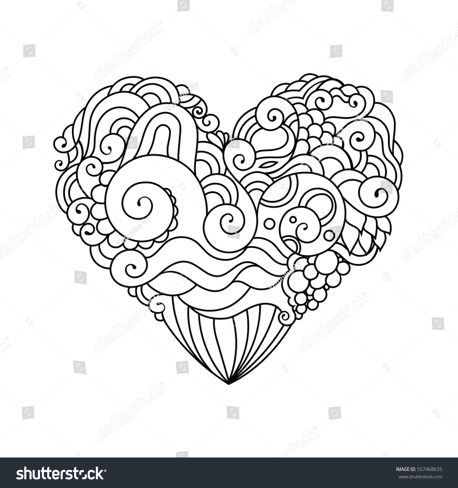 白黒のゼンタングル落書きのハートスケッチと観賞用バレンタインのグリーティングカード 白い背景に部族の波状のベクターハートイラスト のベクター画像素材 ロイヤリティフリー