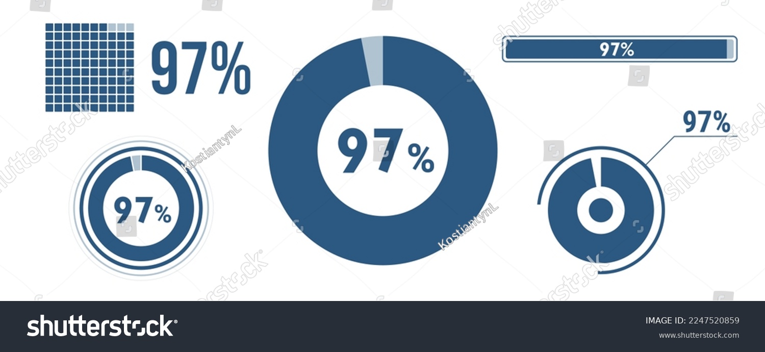 SVG of 97 percent loading data icon set. Ninety-seven circle diagram, pie donut chart, progress bar. 97% percentage infographic. Vector concept collection, blue color. svg