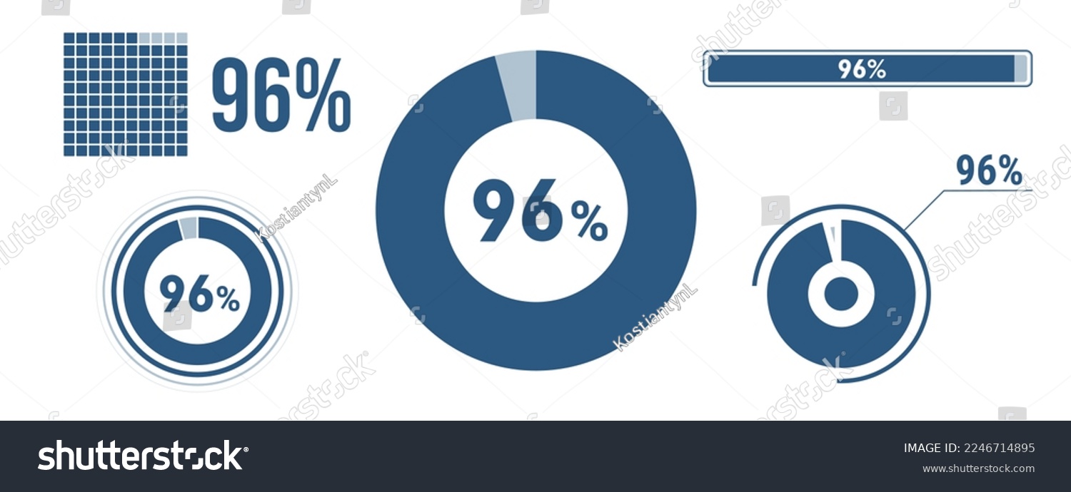 SVG of 96 percent loading data icon set. Ninety-six circle diagram, pie donut chart, progress bar. 96% percentage infographic. Vector concept collection, blue color. svg