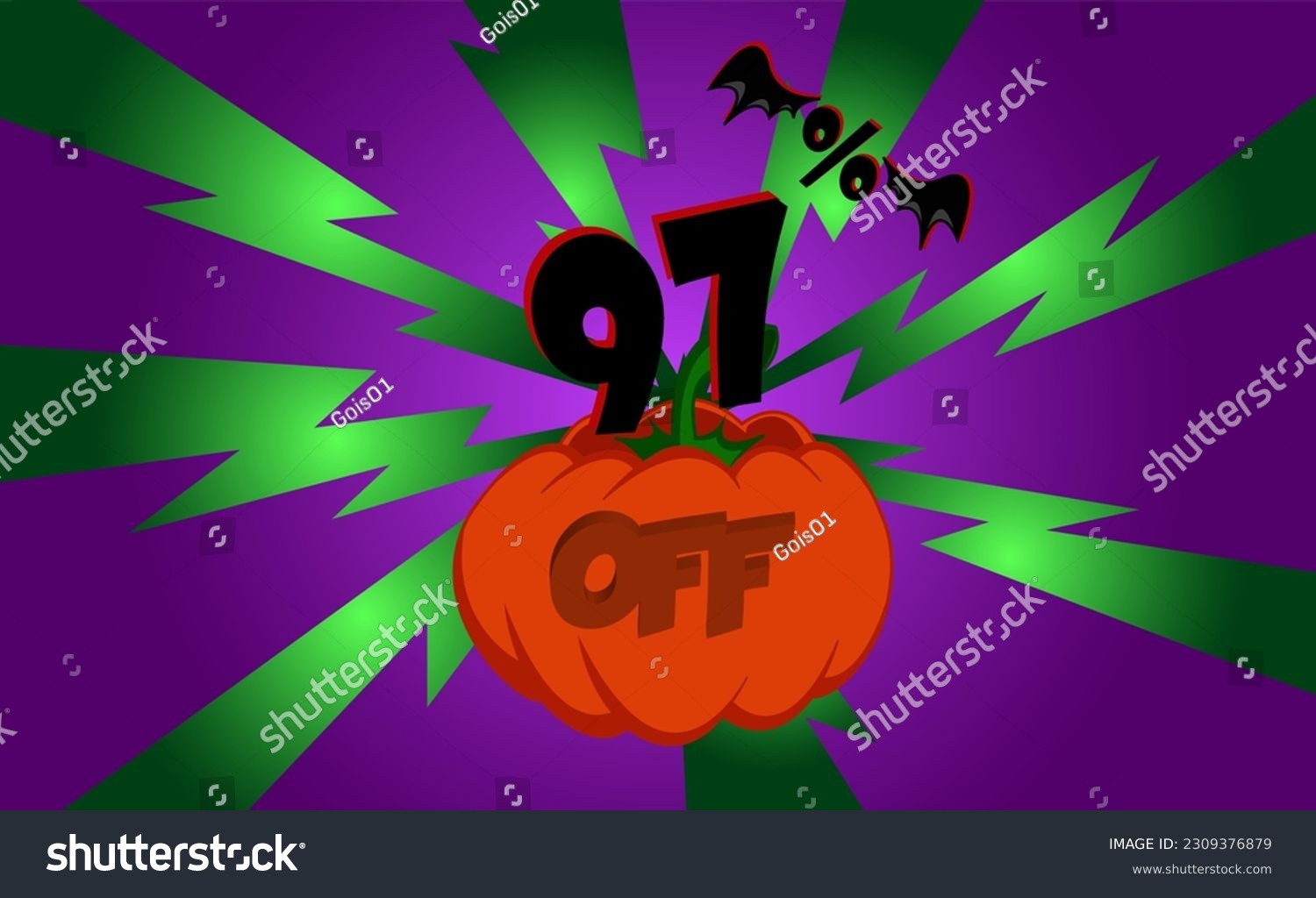 SVG of 97 percent off. Banner, with pumpkin, green rays and purple background with gradient, bat wings, halloween theme. svg